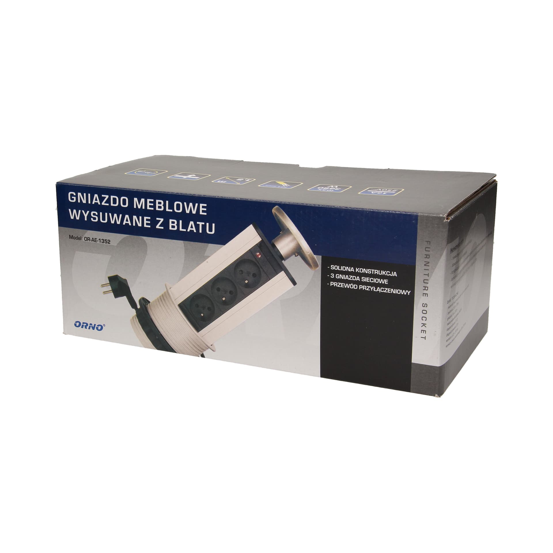 

Gniazdo meblowe 10cm wysuwane z blatu z przewodem 1,8m, 3x2P+Z, INOX