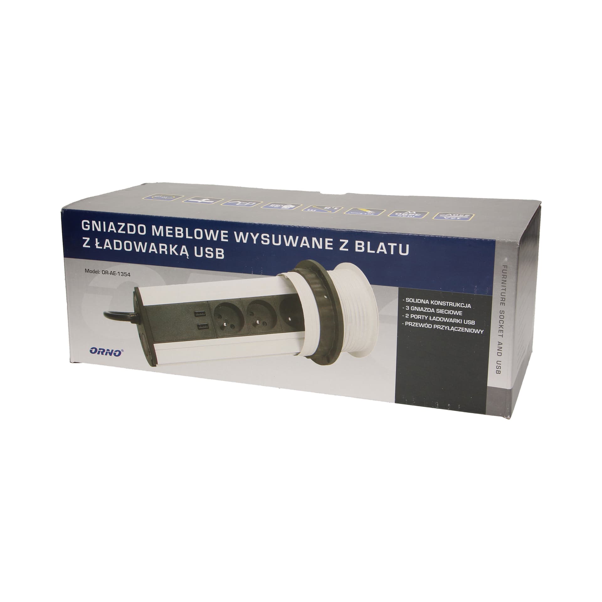 

Gniazdo meblowe 10cm wysuwane z blatu z ładowarką USB i przewodem 1,8m, 3x2P+Z, 2xUSB, INOX