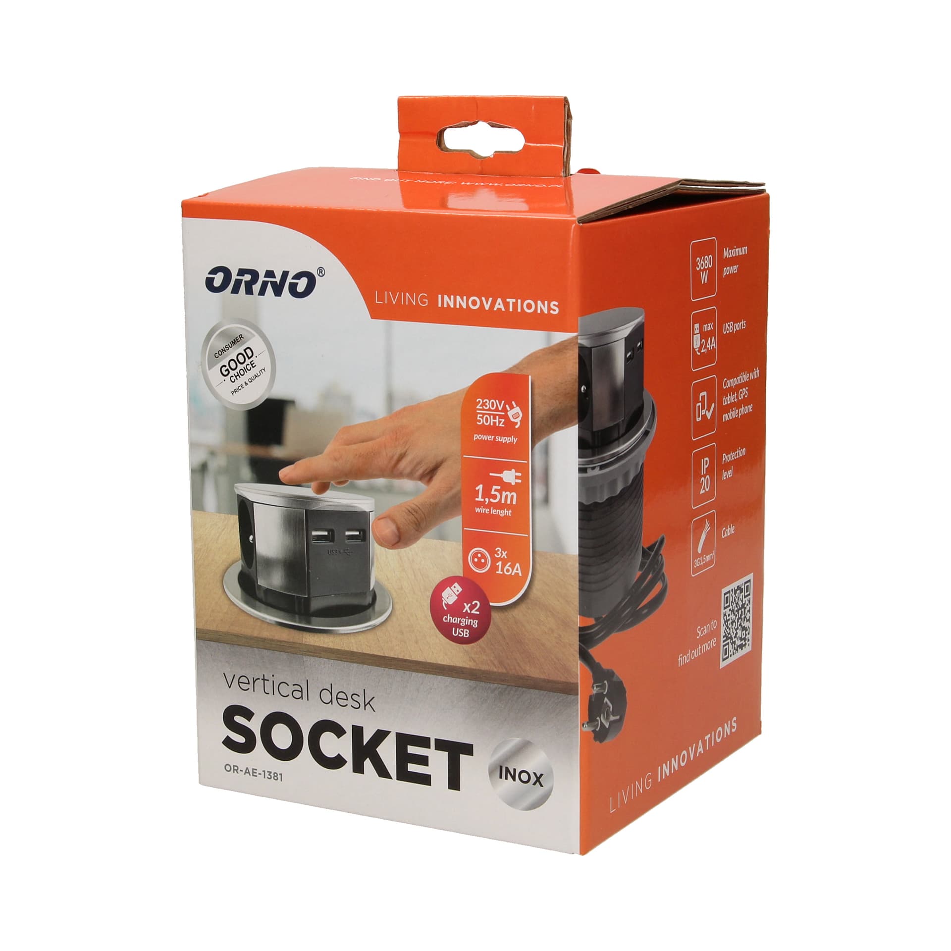 

Gniazdo meblowe 10cm wysuwane z blatu z ładowarką USB i przewodem 1,5m, 3x2P+Z, 2xUSB, INOX