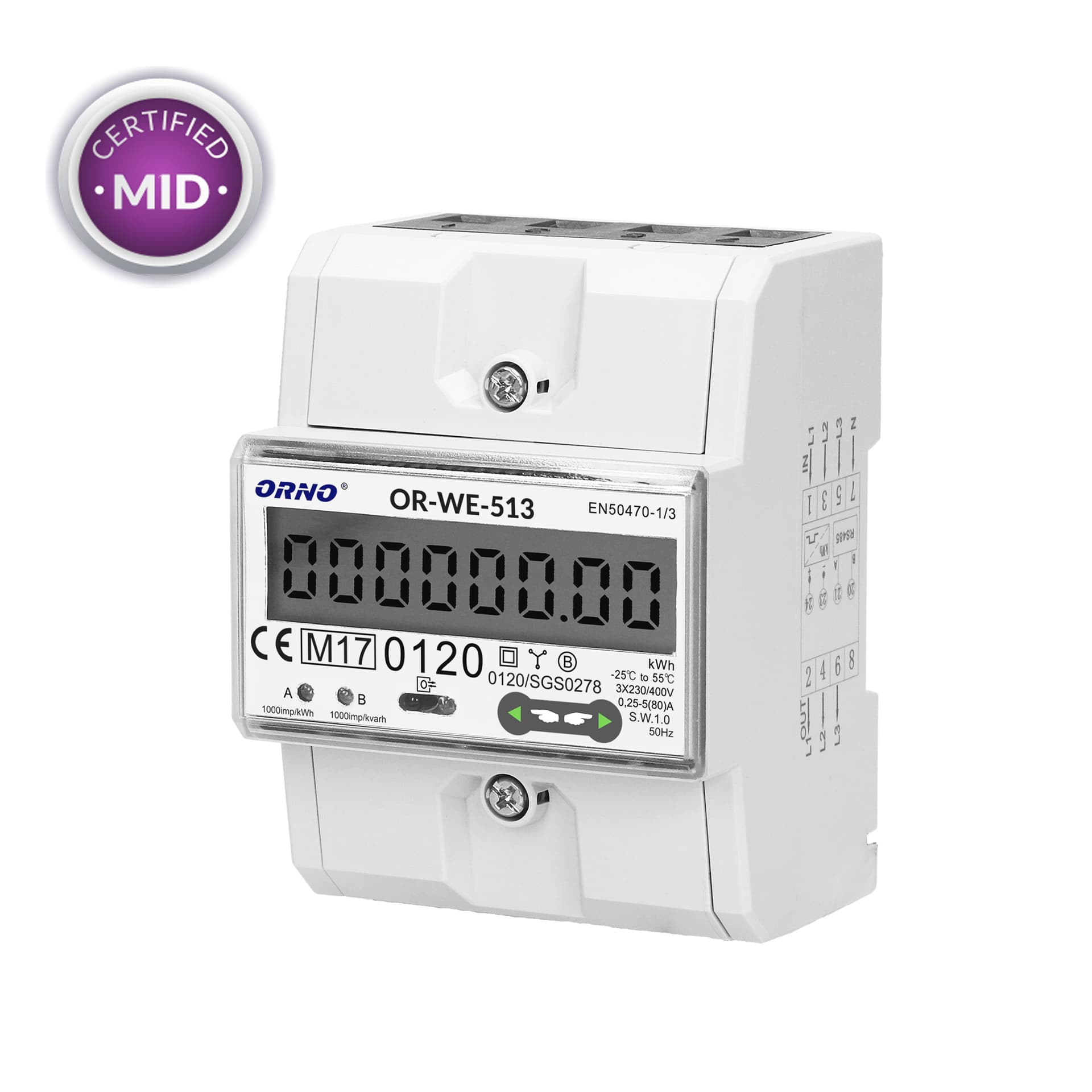 

3-fazowy licznik energii elektrycznej, 80A, MID, 3 moduły, DIN TH-35mm
