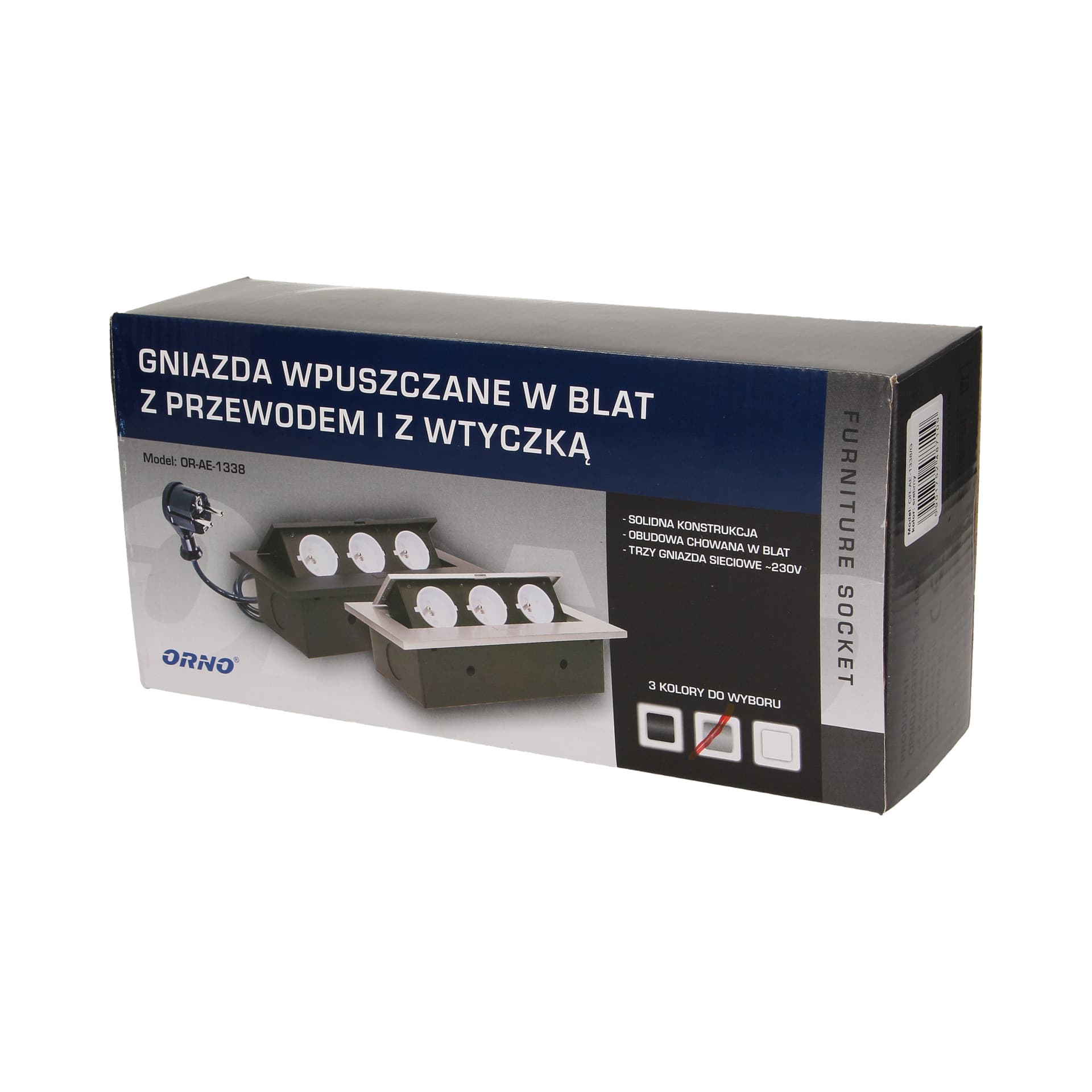 

Gniazdo meblowe wpuszczane w blat z grubym rantem 3x2P+Z, przewód 1,5m 3x1,5mm, srebrne