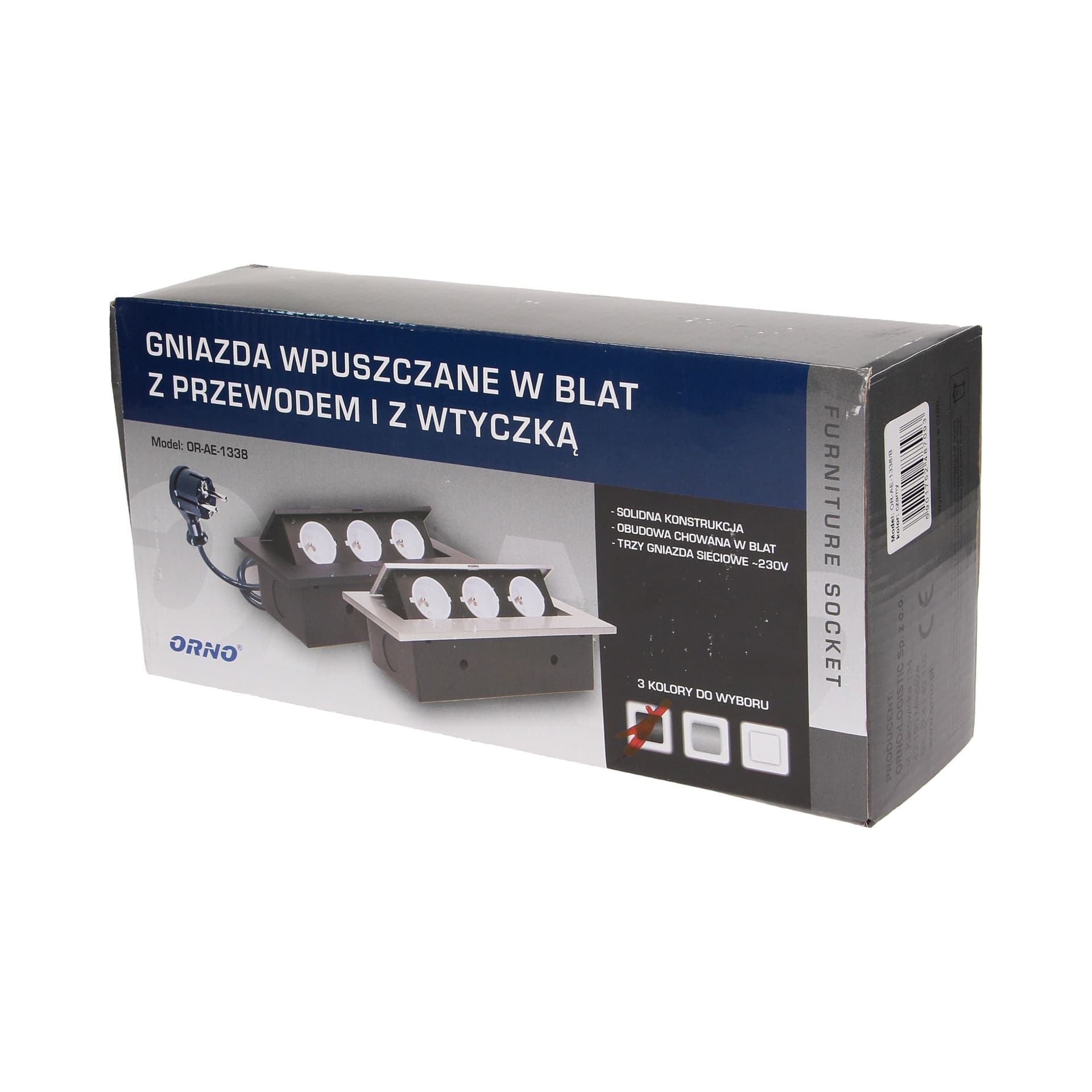 

Gniazdo meblowe wpuszczane w blat z grubym rantem 3x2P+Z, przewód 1,5m 3x1,5mm, czarne