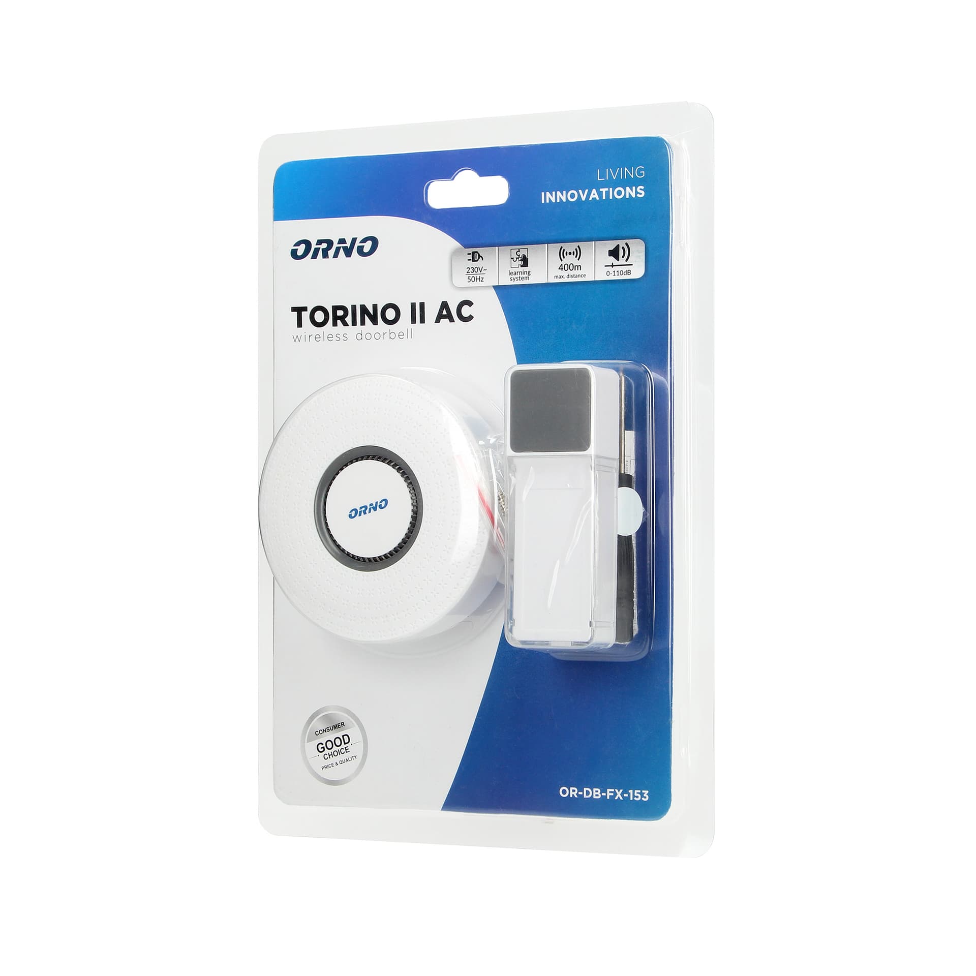 

Dzwonek bezprzewodowy TORINO II AC, sieciowy, learning system, 58 dźwięków, 400m