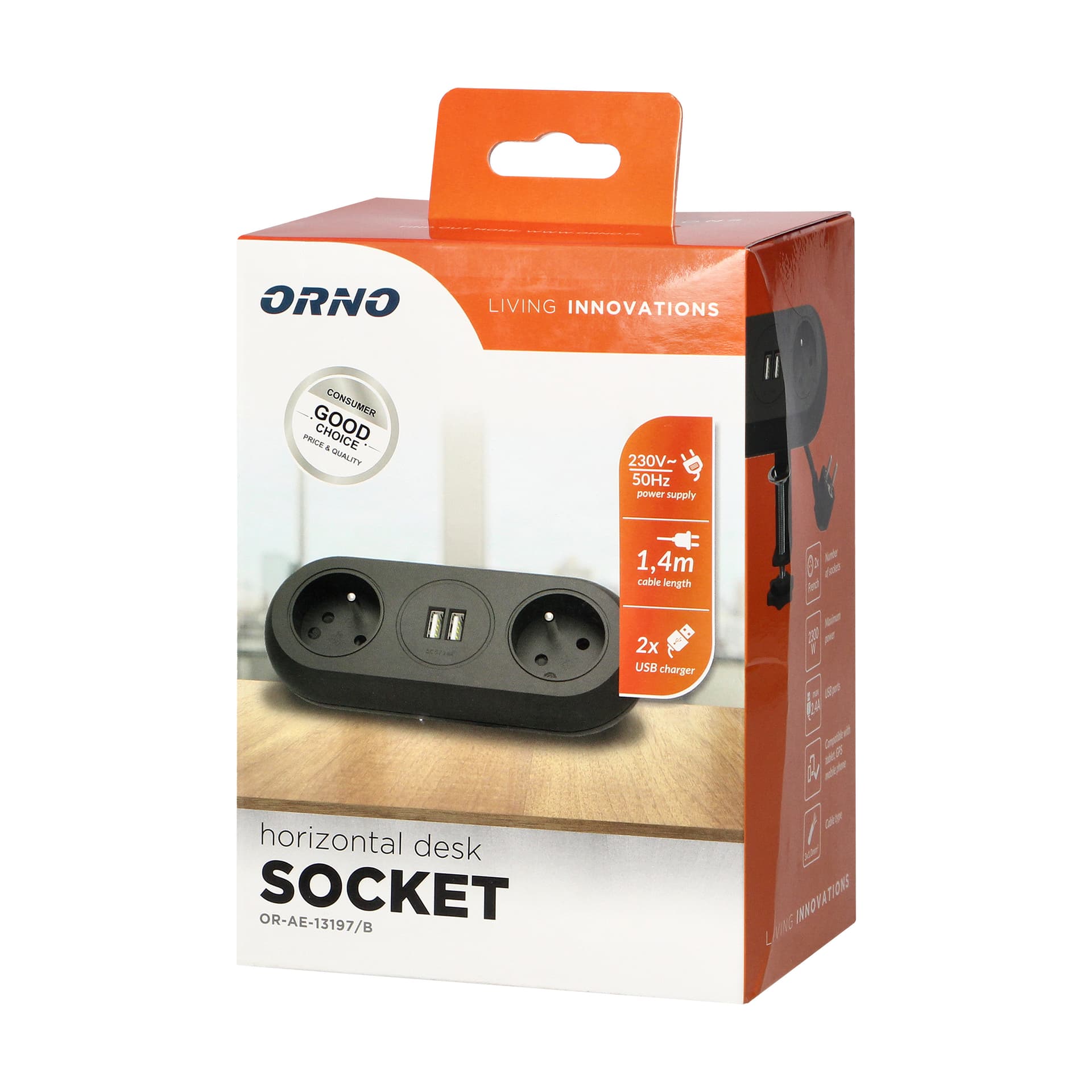 

Gniazdo meblowe z uchwytem montażowym, ładowarką USB, 2 gniazda 2P+Z, 2xUSB, przewód 3x1,0mm - 1,5m, czarne