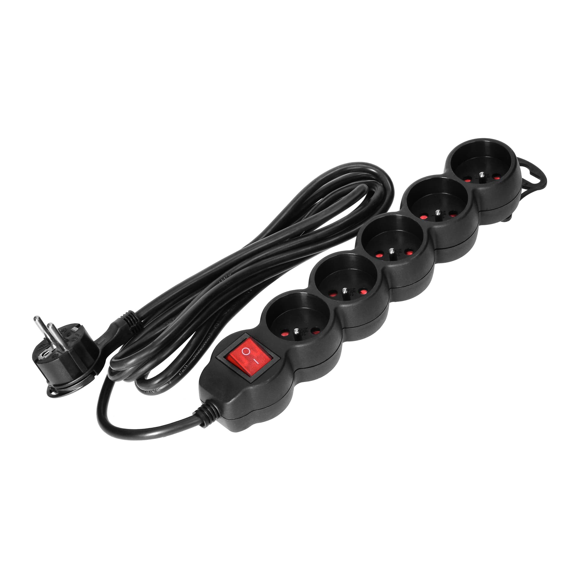 

Przedłużacz 5-krotny 2P+Z, z wyłącznikiem, 5m H05VV-F 3x1,5mm2, Imax=16A, płaska wtyczka, czarny