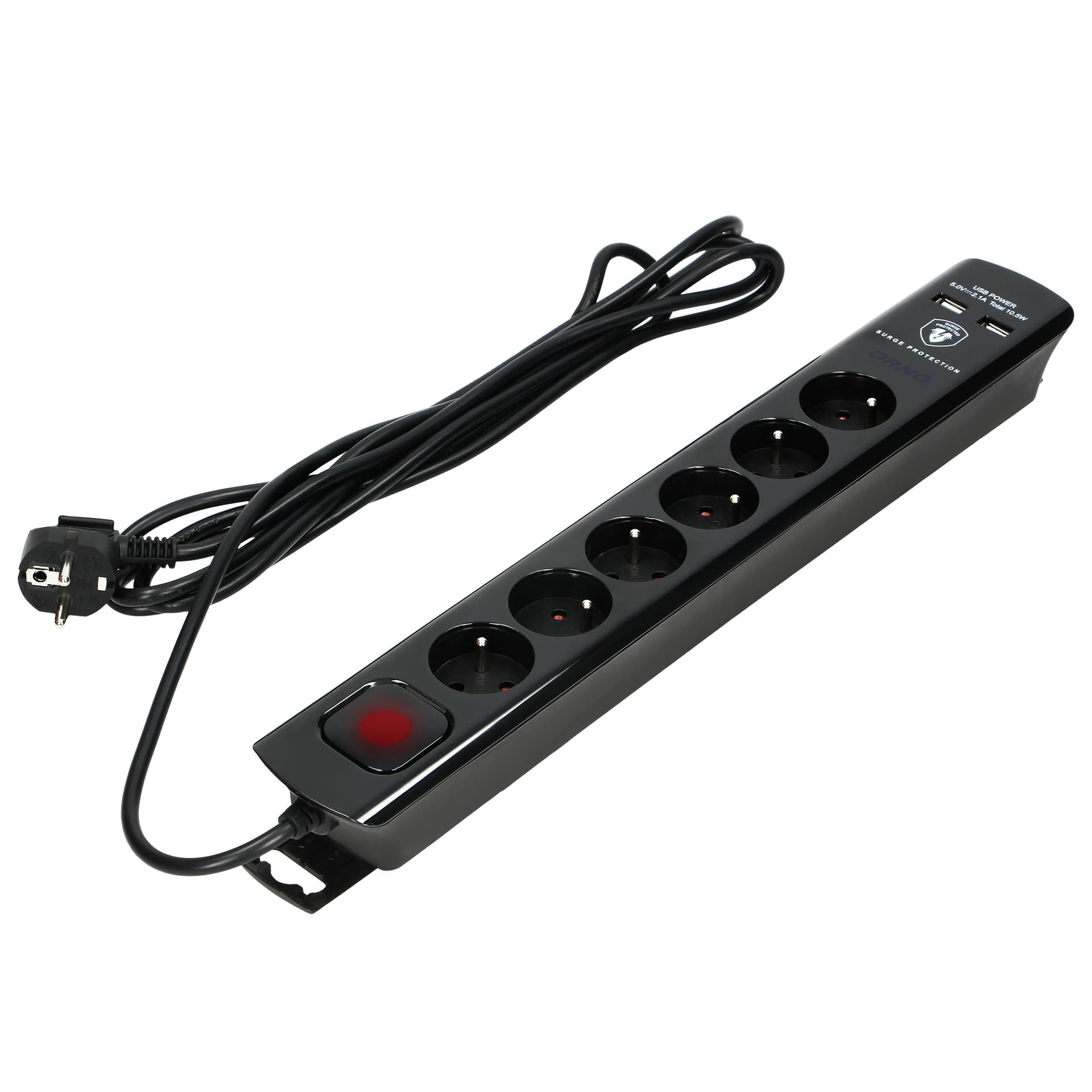 

Listwa przeciwprzepięciowa, 6 gniazd 2P+Z, kabel 3x1,0mm, długość 3m, czarna, 10A/230 VAC, z ochronnikiem przeciwprzepięciowym - typ 3, ładowarką 2xUSB 2,1A.