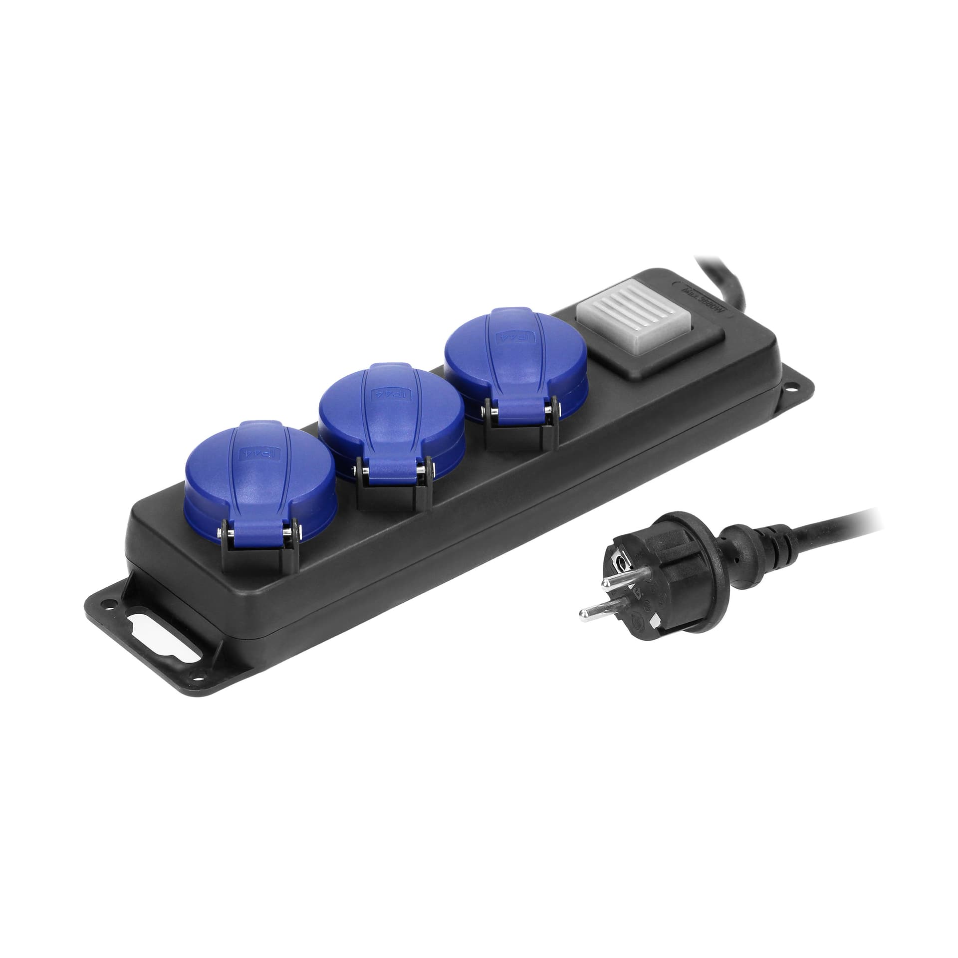 

Przedłużacz warsztatowy bryzgoszczelny z wyłącznikiem IP44, 3 gniazda 2P+Z(Schuko) IP44, przewód gumowy, H05RR-F 3x1,5mm, długość 3m