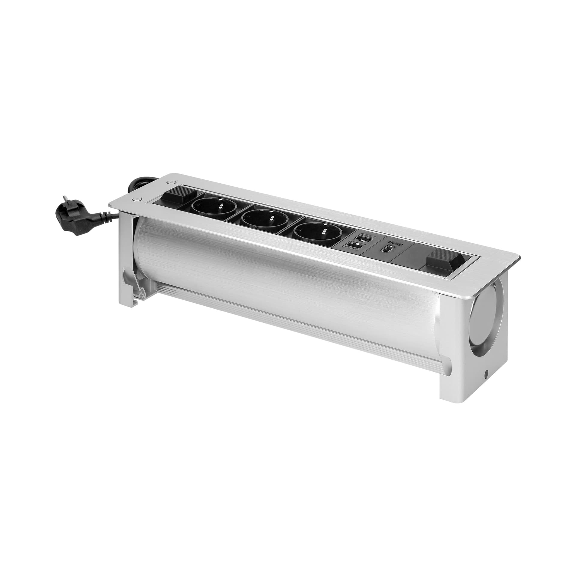 

Gniazdo meblowe wpuszczane w blat z płaskim frezowanym rantem oraz elektrycznym otwieraniem, 3x2P+Z (Schuko),2xNET,1xHDMI, Schuko)/2xnet/1xhdm