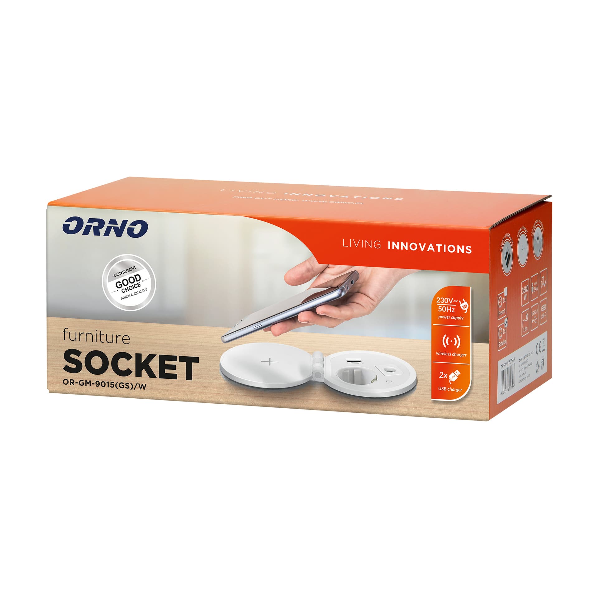 

Gniazdo meblowe 8cm wpuszczane w blat z ładowarką indukcyjną, ładowarką USB z 2 gniazdami A i C, przelotką kablową z przewodem 1,8m, 1x2P+Z (Schuko), 2xUSB 2,4A 5V, białe, Schuko)/2xusb 2.4a 5v/biał