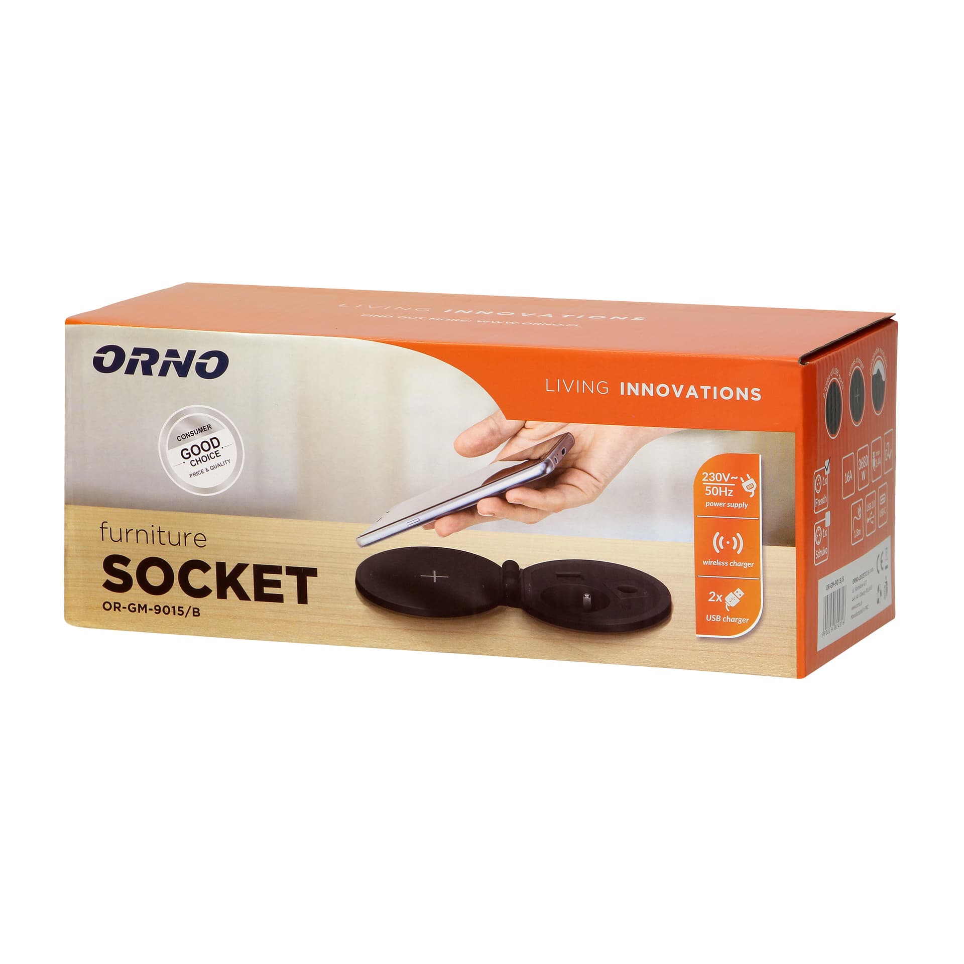 

Gniazdo meblowe 8cm wpuszczane w blat z ładowarką indukcyjną, ładowarką USB z 2 gniazdami A i C, przelotką kablową z przewodem 1,8m, 1x2P+Z, 2xUSB 2,4A 5V, czarne