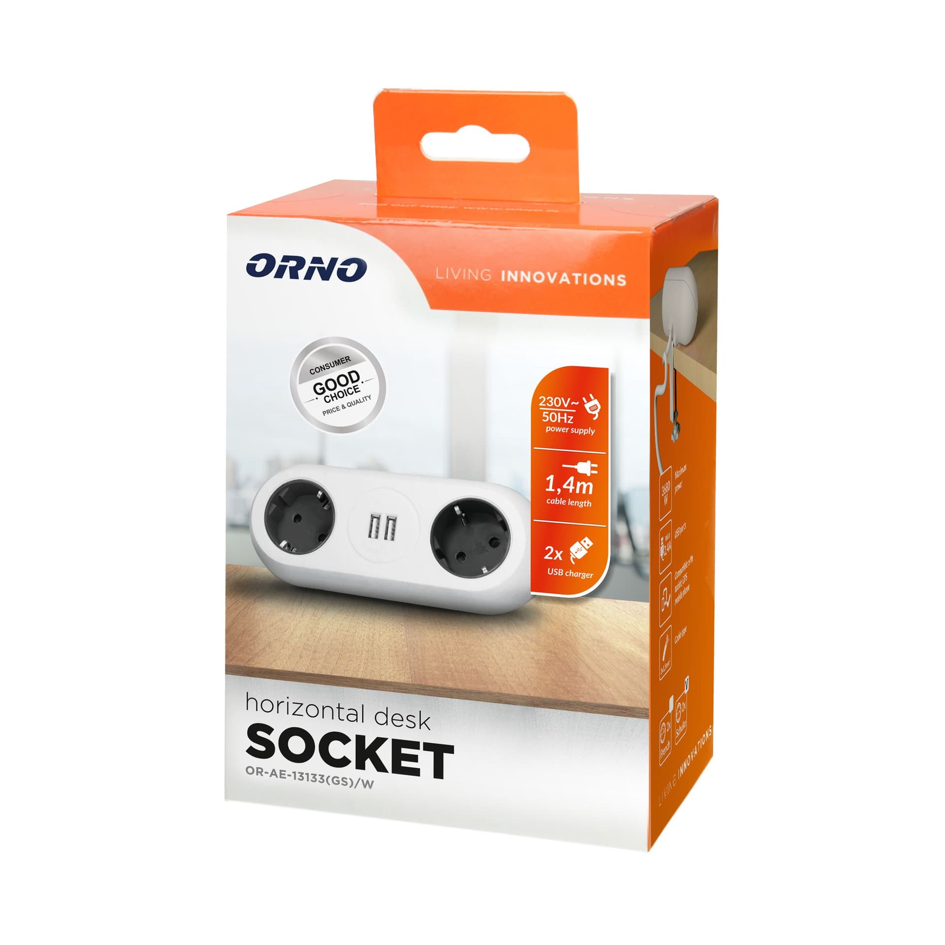 

Gniazdo meblowe z uchwytem montażowym, ładowarką USB, 2 gniazda 2P+Z (Schuko), 2xUSB, przewód 3x1,5mm - 1,4m, białe, Schuko)/2xusb/biał