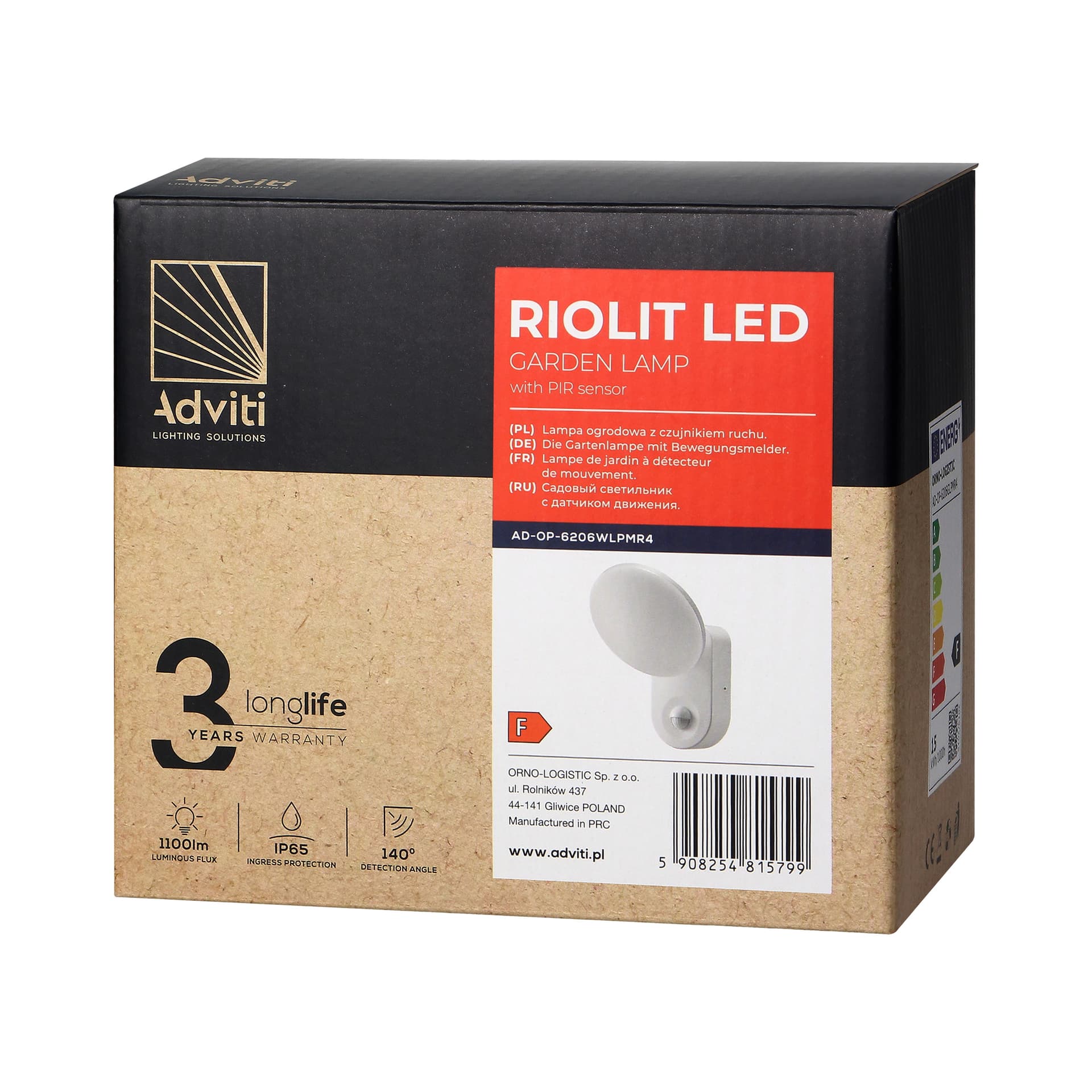 

RIOLIT LED 15W, oprawa ogrodowa z czujnikiem ruchu, 1100lm, IP65, 4000K, biała