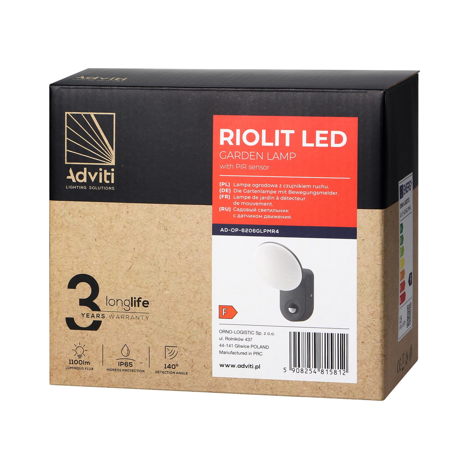 

RIOLIT LED 15W, oprawa ogrodowa z czujnikiem ruchu, 1100lm, IP65, 4000K, szara