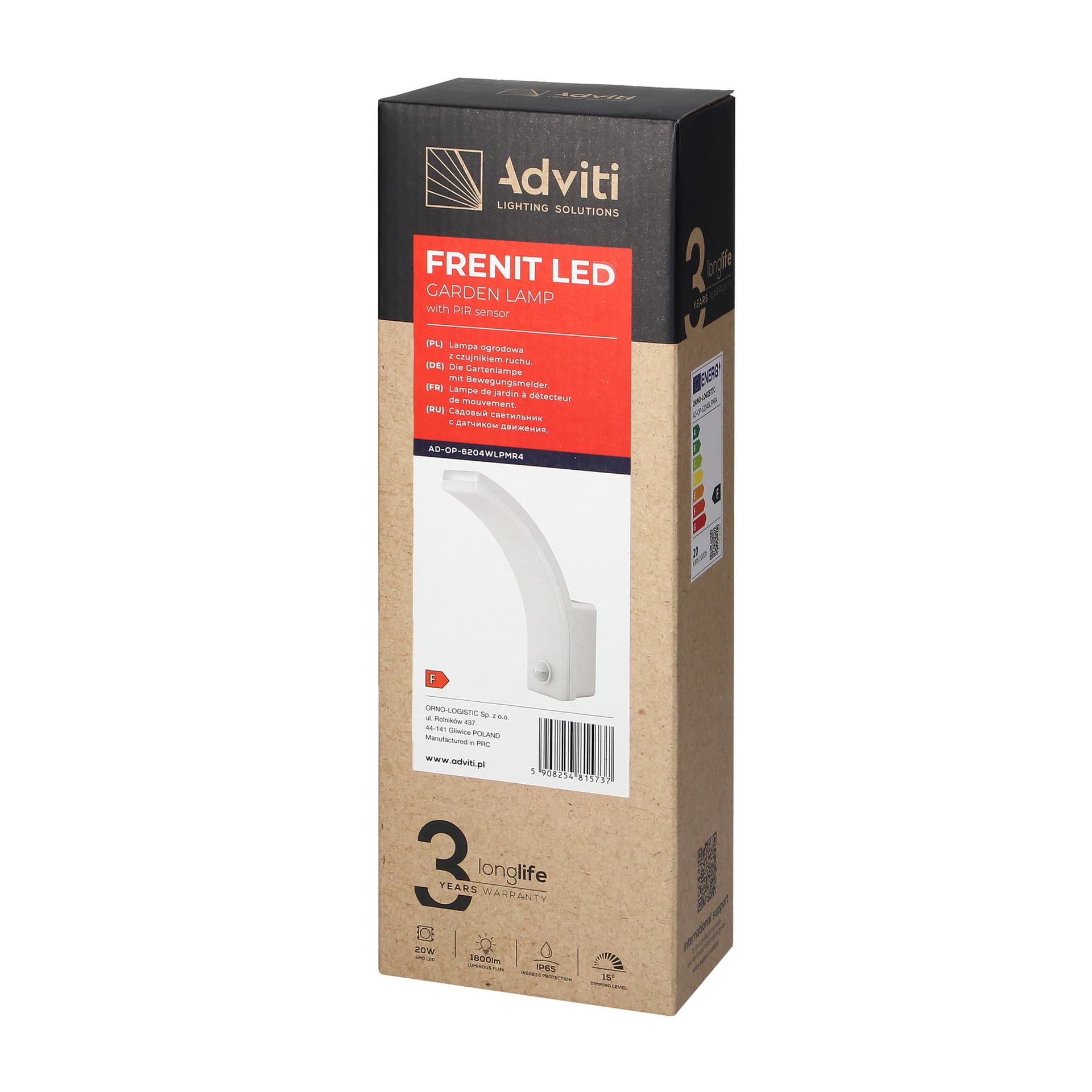 

FRENIT LED 20W, oprawa ogrodowa z czujnikiem ruchu, 1800lm, IP65, 4000K, funkcja przyciemnienia, biała
