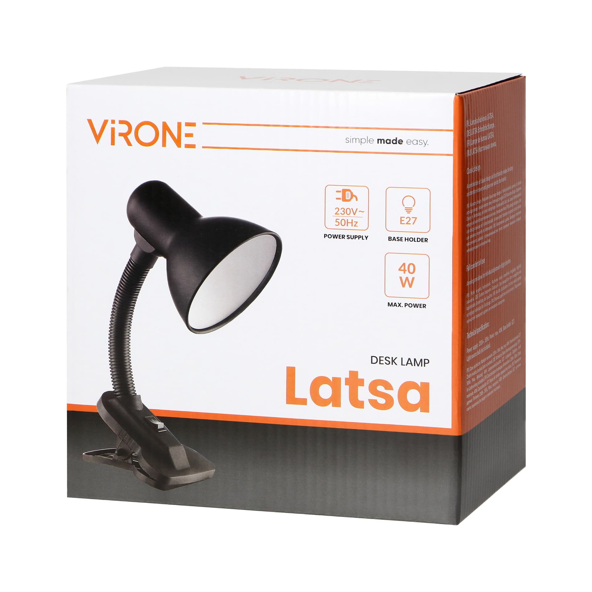 

LATSA, lampa biurkowa z klipsem, 40W, E27, stal + tworzywo, czarna