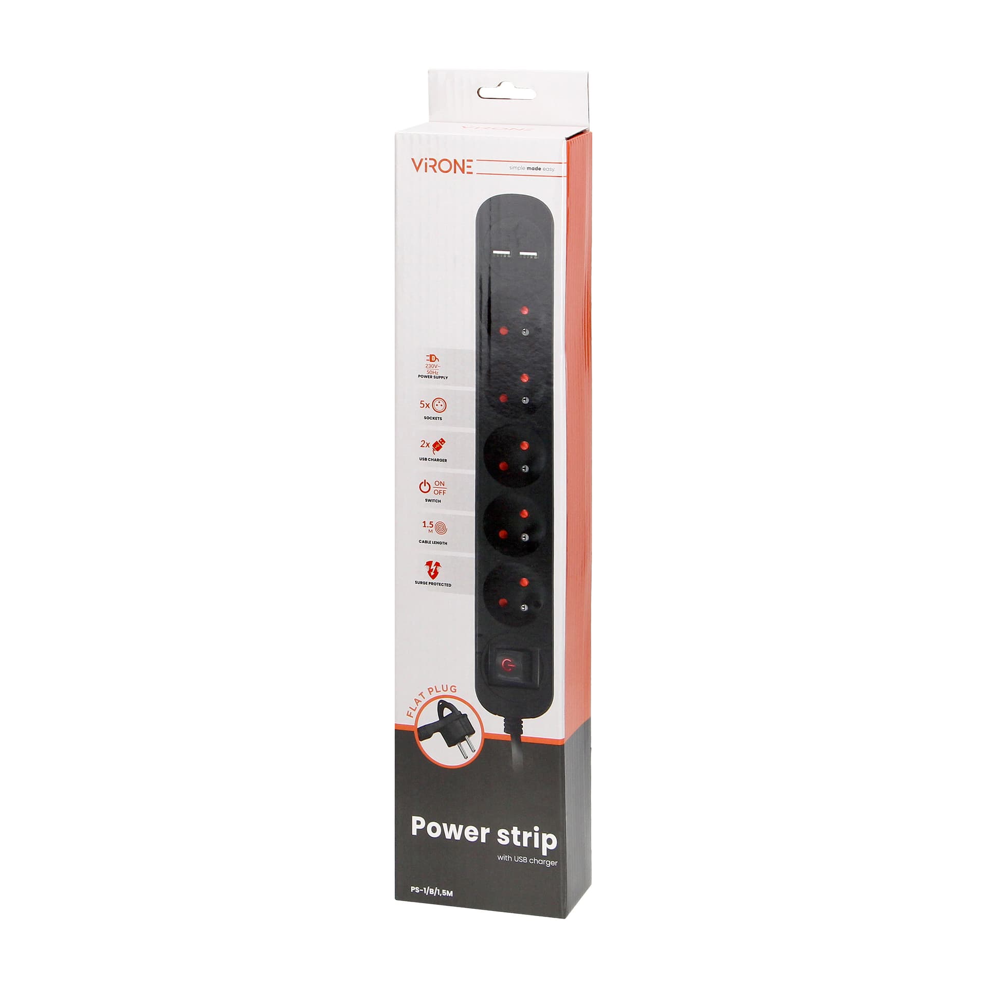 

Listwa przeciwprzepięciowa, 5 gniazd 2P+Z, kabel 1,5m, z wyłącznikiem podświetlanym dwutorowym. 10A/230 VAC, Ładowarka 2xUSB 2,1A. Płaska wtyczka