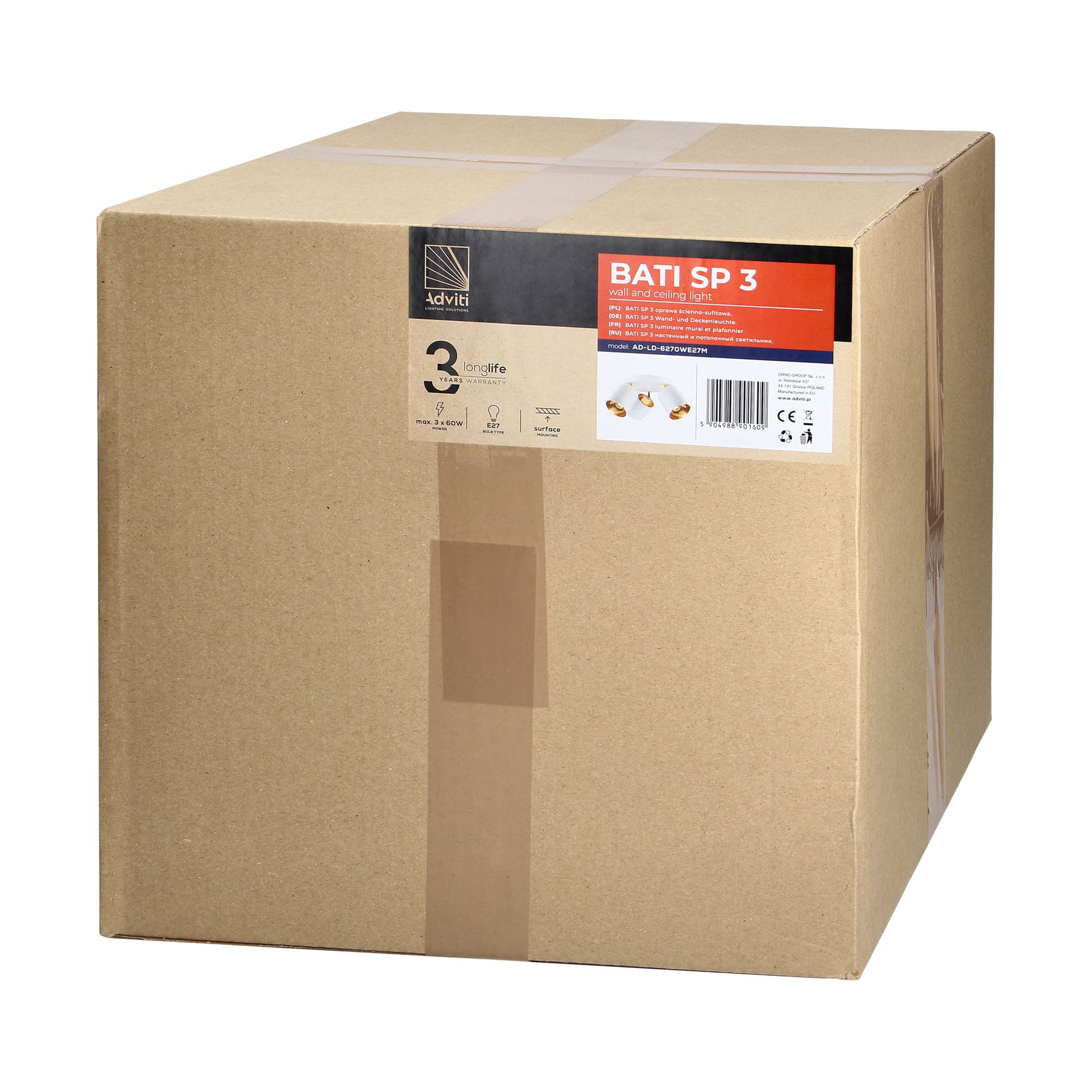 

BATI oprawa ścienno-sufitowa, moc max. 3x60W, E27, biała