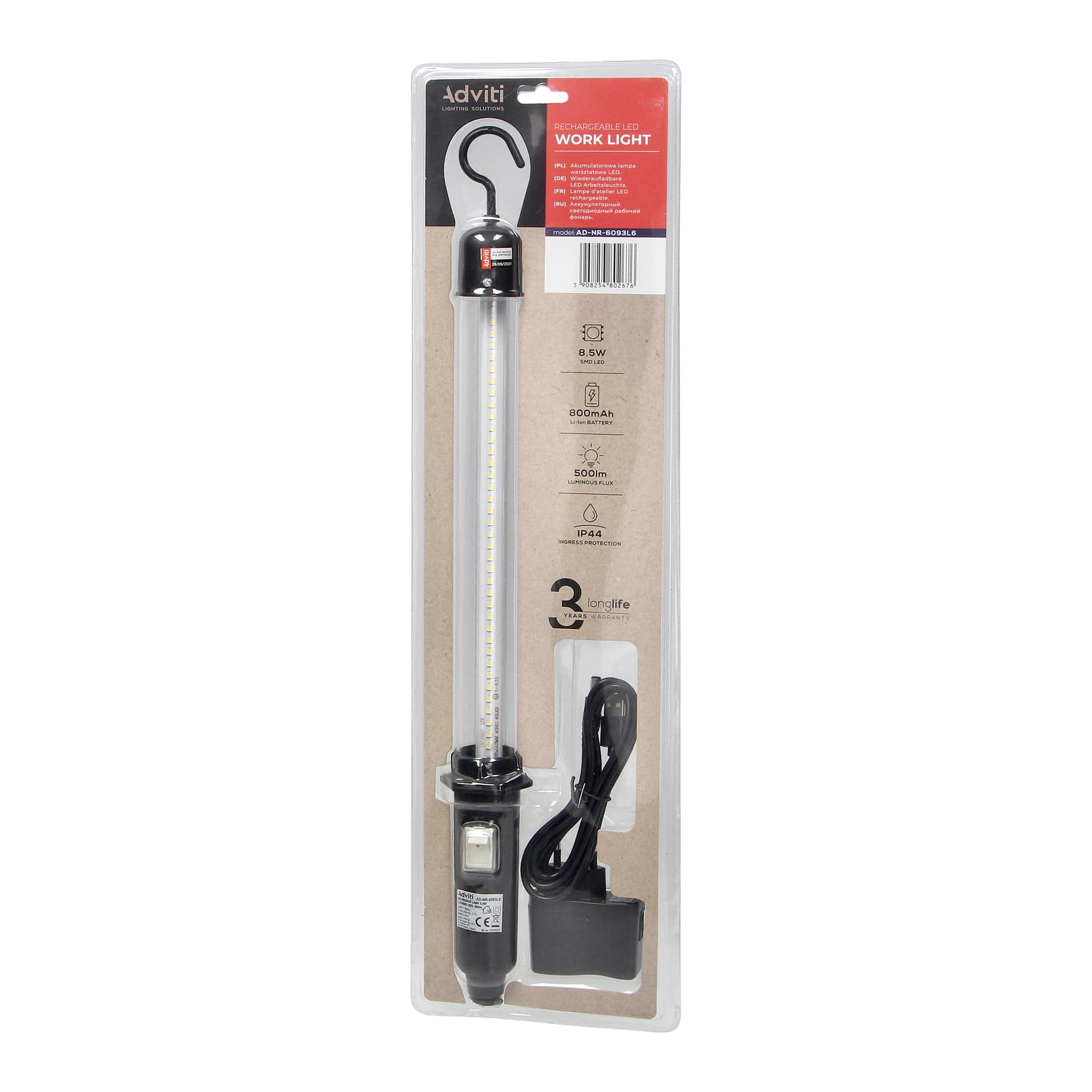 

Akumulatorowa lampa warsztatowa 8,5W, 500lm, IP44, 6000K, Li-ion 800mAh