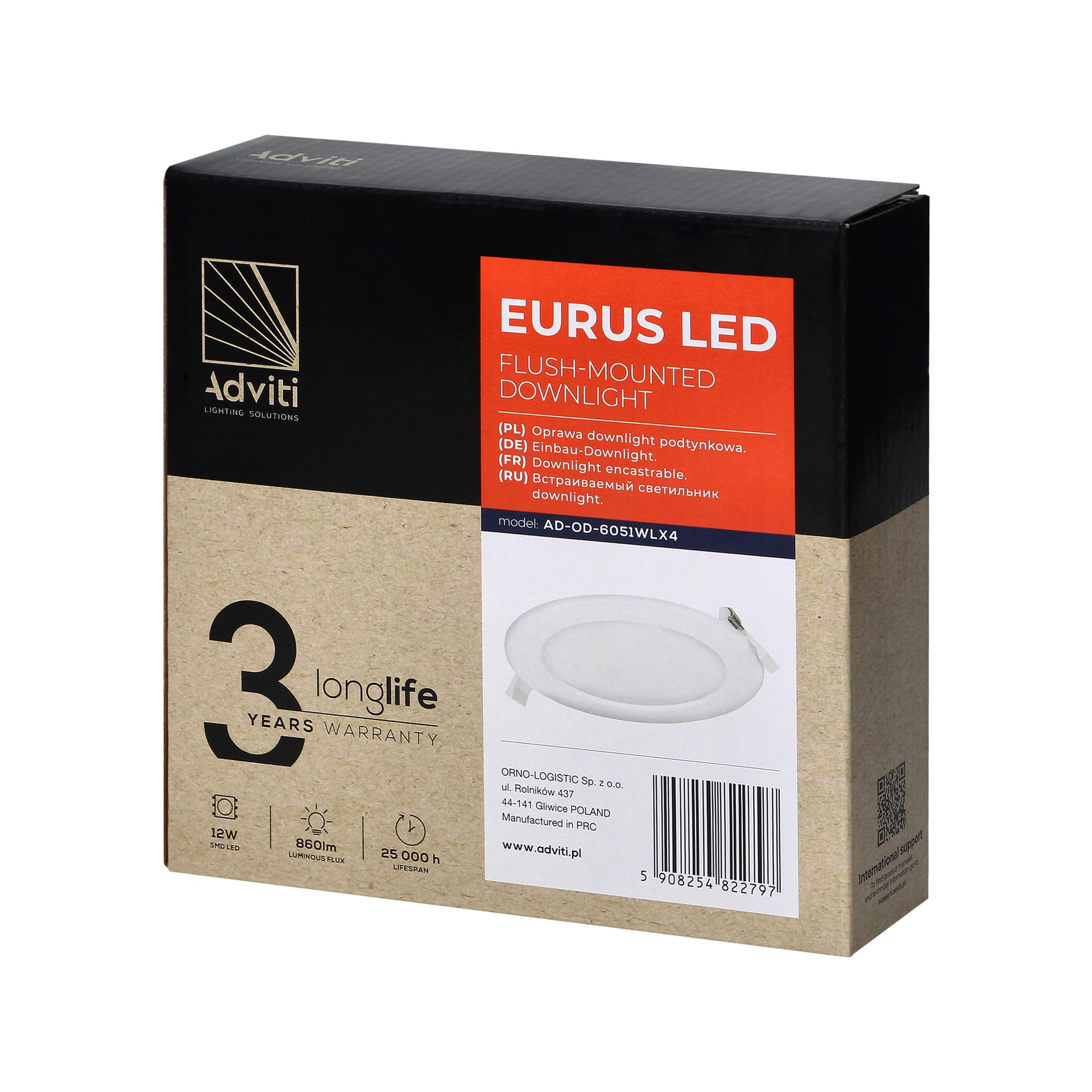 

EURUS LED 12W, oprawa downlight, podtynkowa, okrągła, 860lm, 4000K, biała, wbudowany zasilacz LED