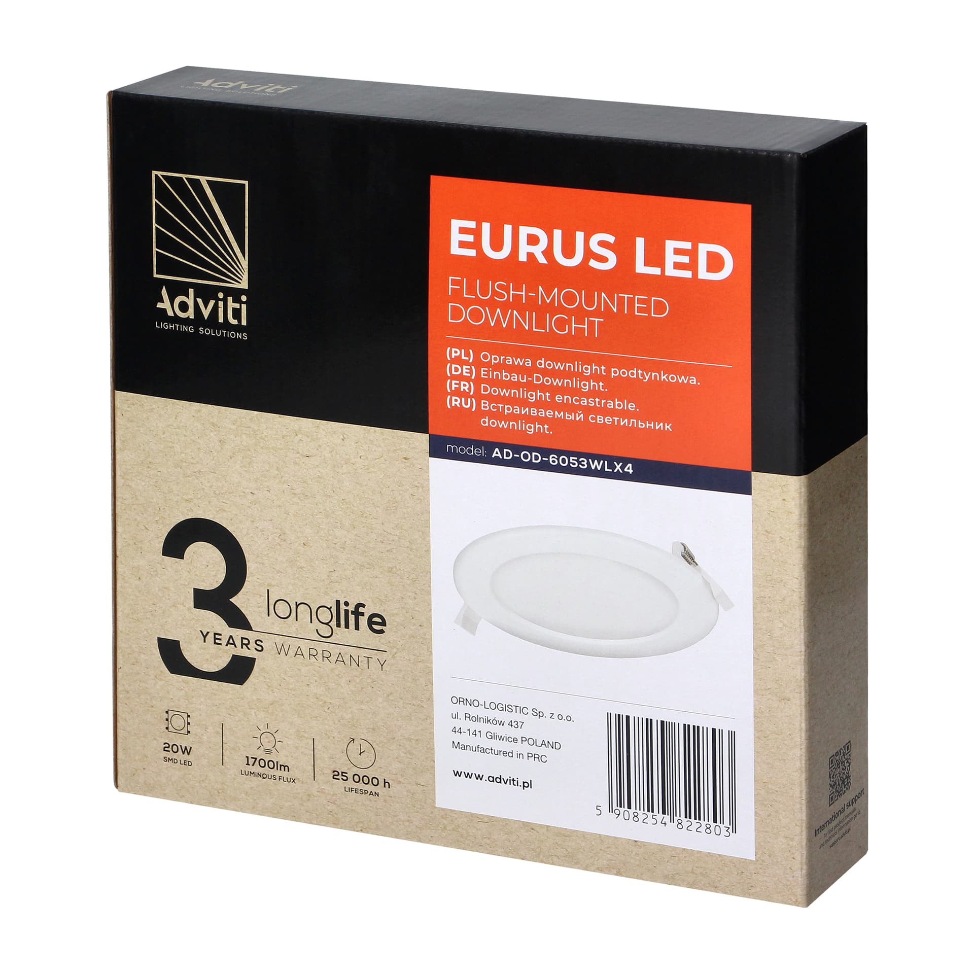 

EURUS LED 20W, oprawa downlight, podtynkowa, okrągła, 1700lm, 4000K, biała, wbudowany zasilacz LED