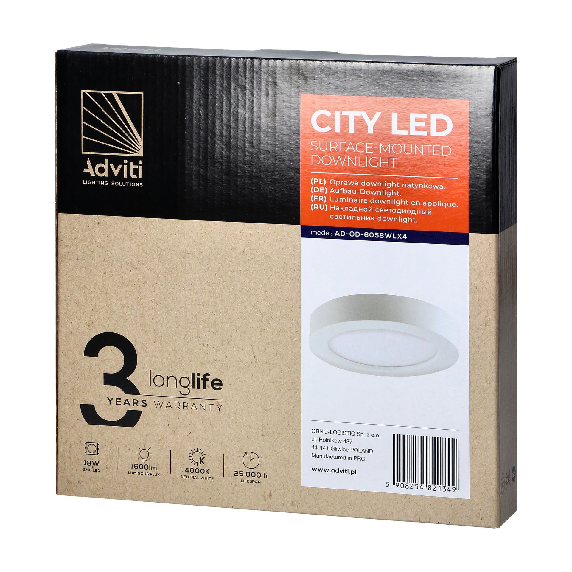 

CITY LED 18W, oprawa downlight, natynkowa, okrągła, 1600lm, 4000K, biała, wbudowany zasilacz LED