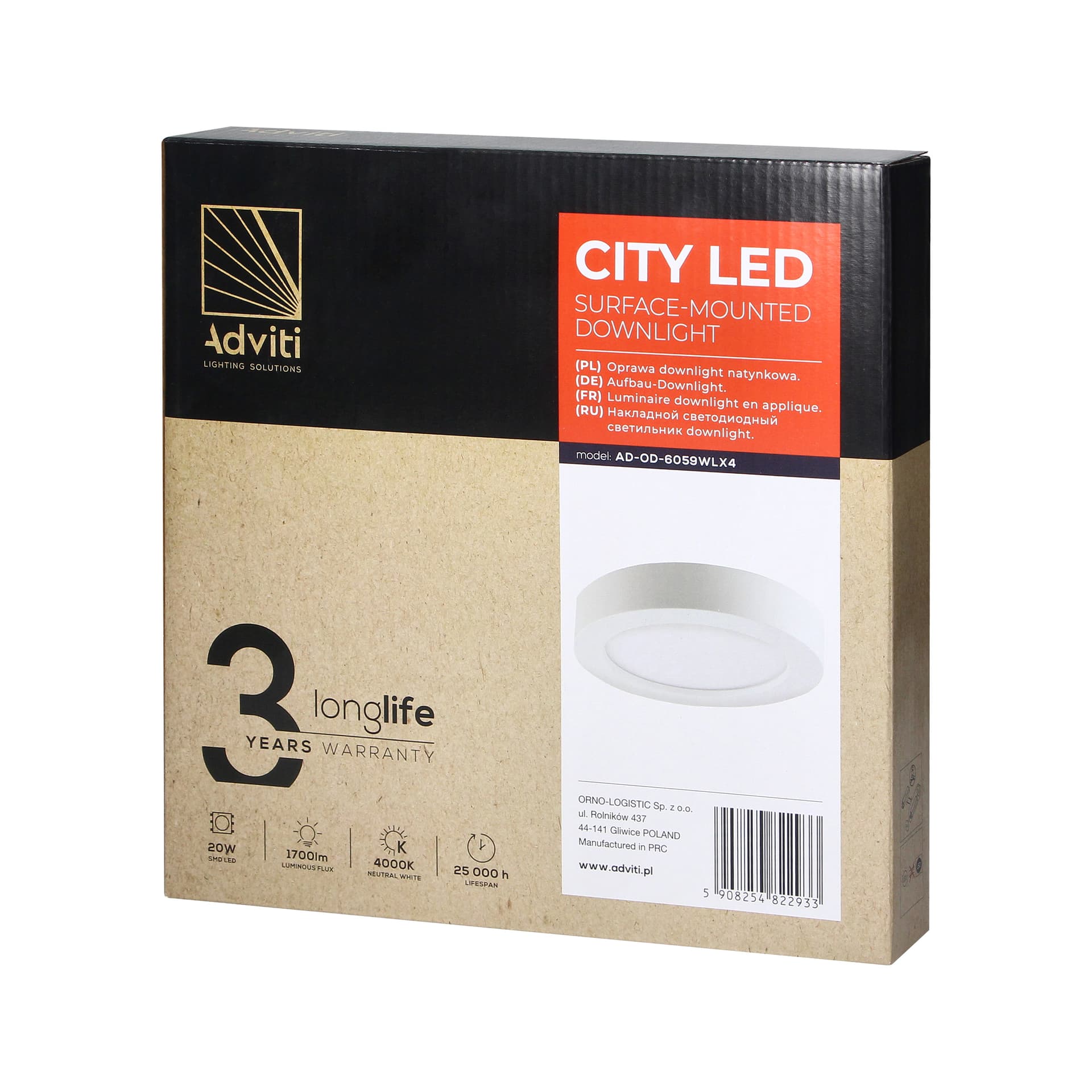 

CITY LED 20W, oprawa downlight, natynkowa, okrągła, 1700lm, 4000K, biała, wbudowany zasilacz LED