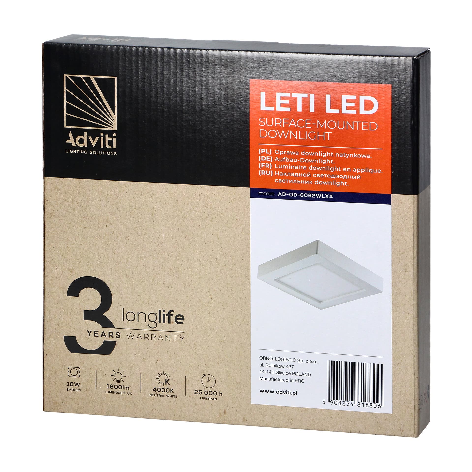 

LETI LED 18W, oprawa downlight, natynkowa, kwadratowa, 1600lm, 4000K, biała, wbudowany zasilacz LED