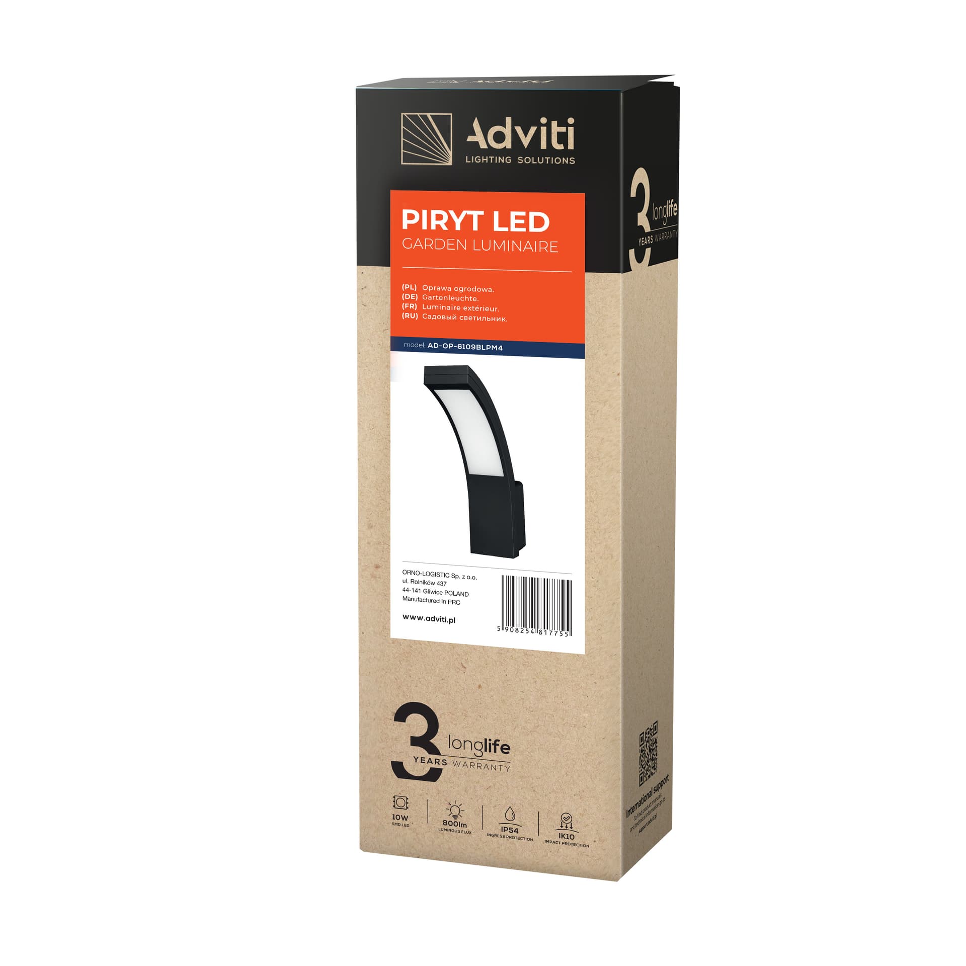 

PIRYT LED 10W, oprawa ogrodowa 800lm, IP54, 4000K, czarna