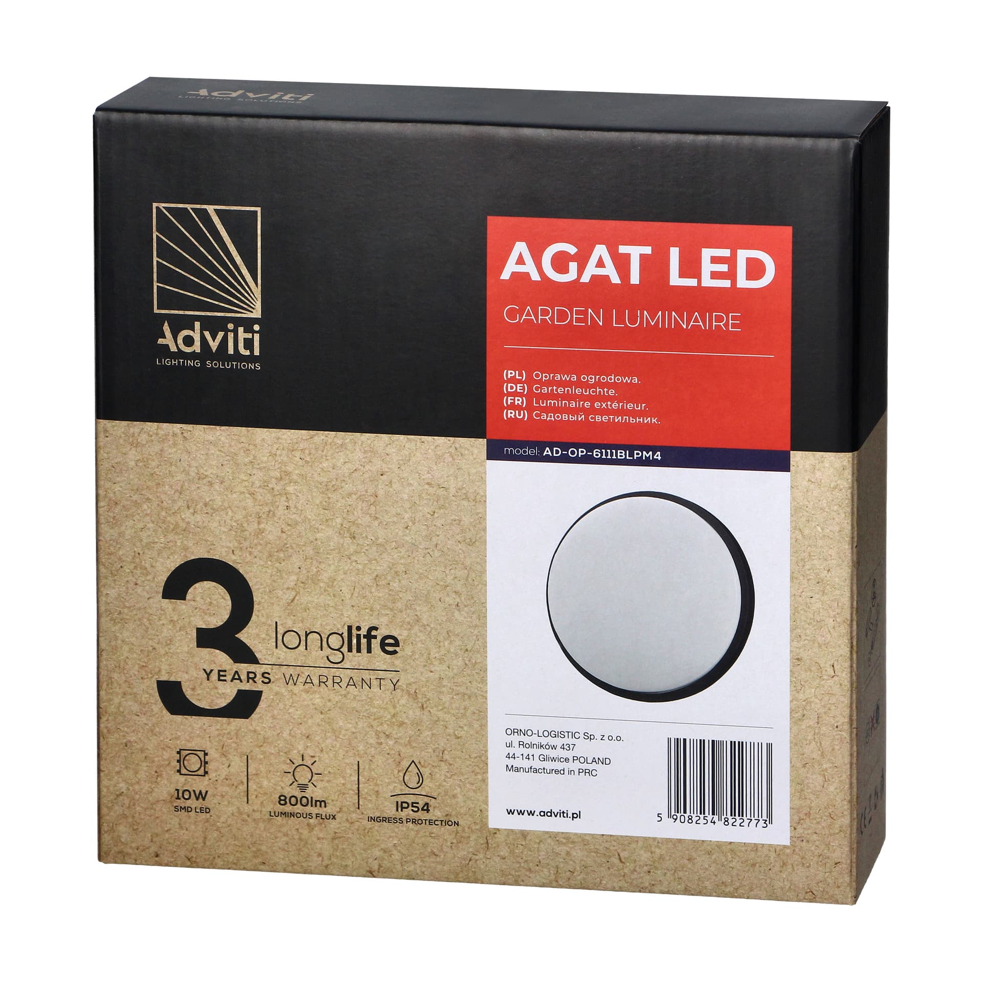 

AGAT LED 10W, oprawa ogrodowa, 800lm, IP54, 4000K, czarna