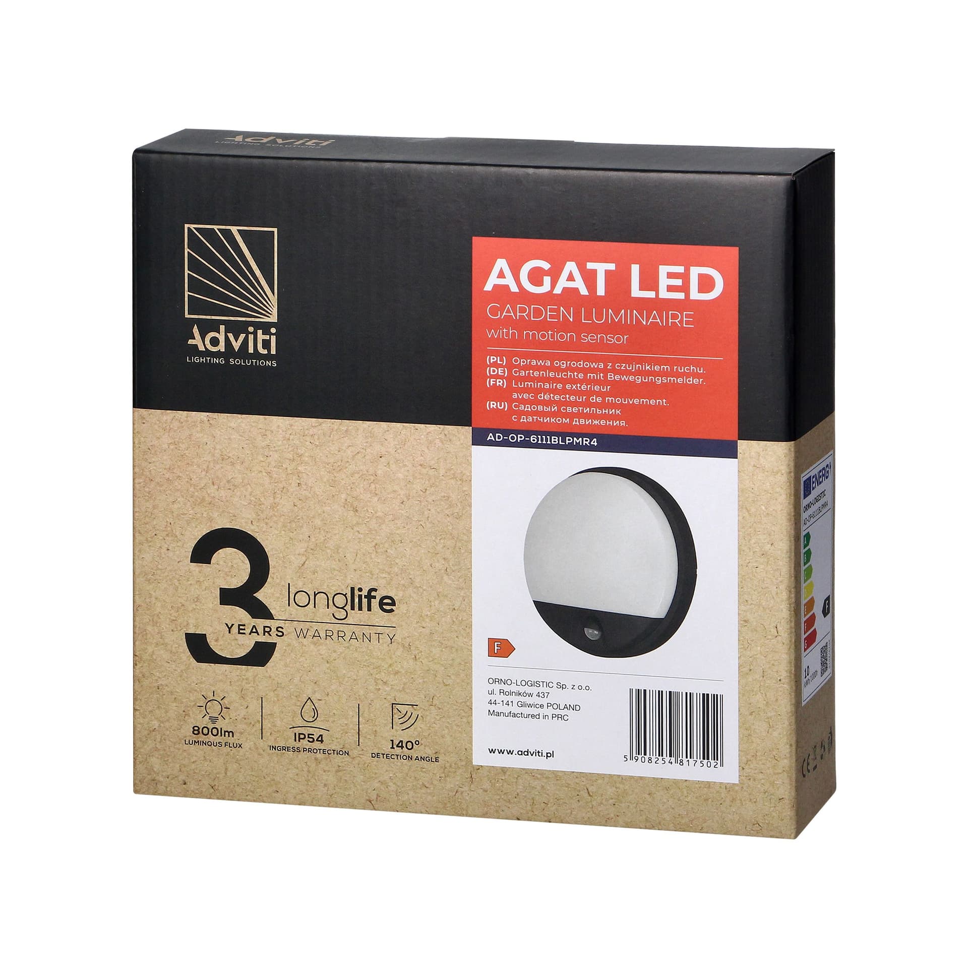 

AGAT LED 10W, oprawa ogrodowa z czujnikiem ruchu, 140st, 800lm, IP54, 4000K, czarna