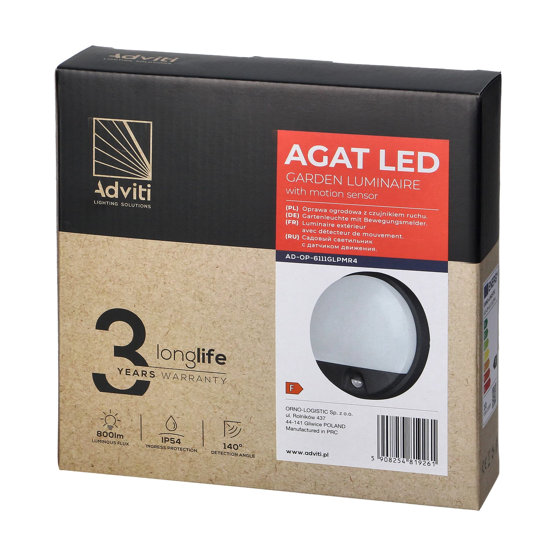 

AGAT LED 10W, oprawa ogrodowa z czujnikiem ruchu 140st, 800lm, IP54, 4000K, szara