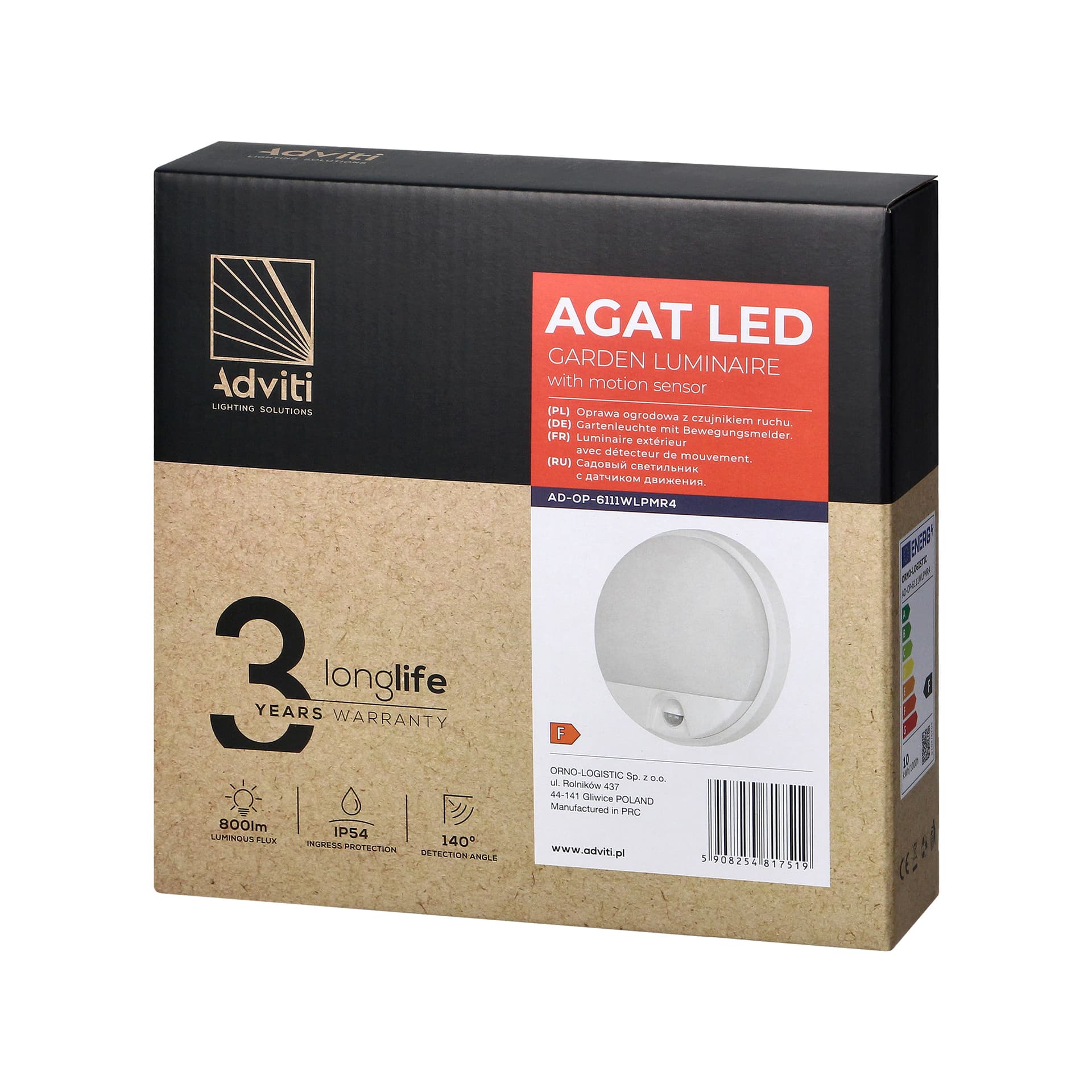 

AGAT LED 10W, oprawa ogrodowa z czujnikiem ruchu 140°, 800lm, IP54, 4000K, biała
