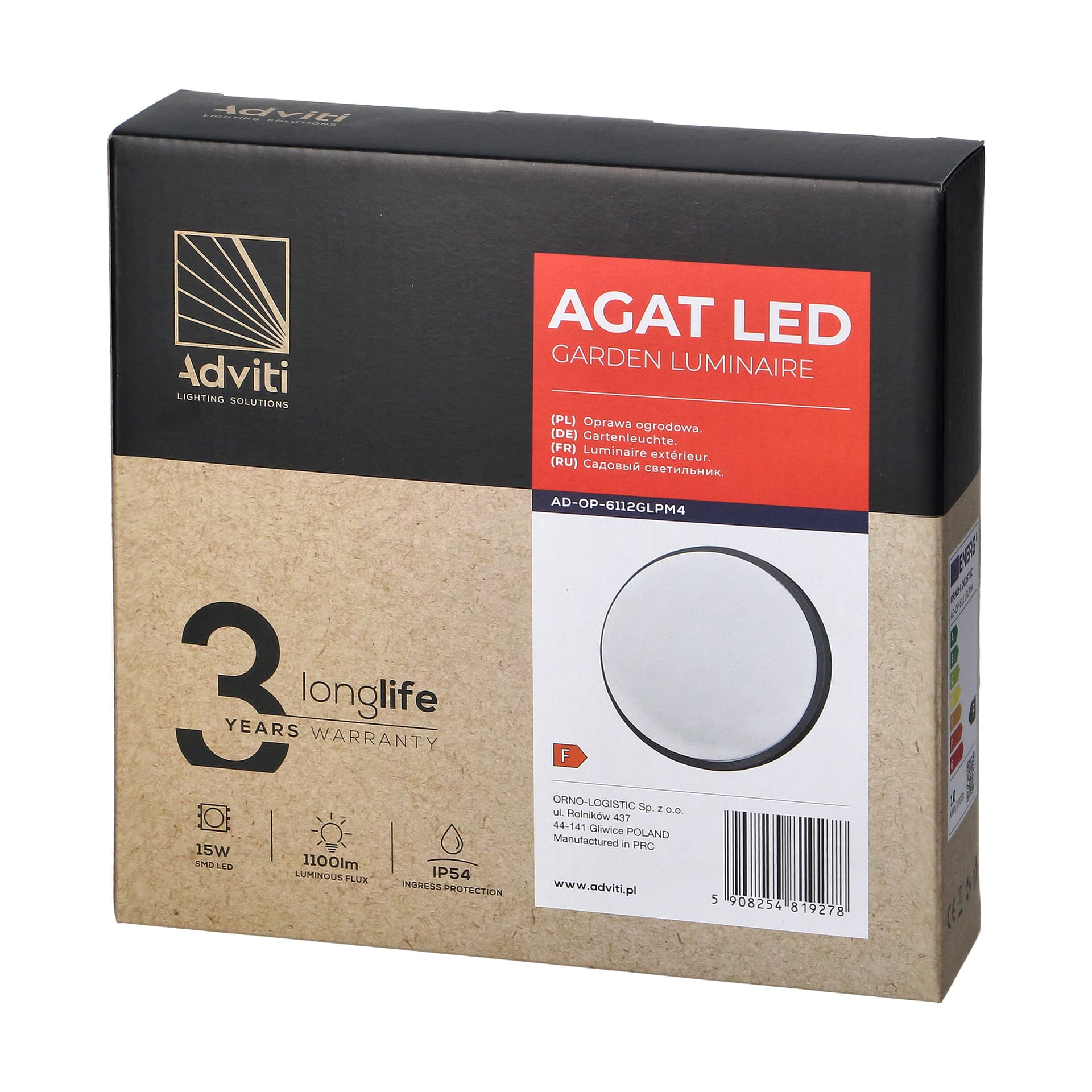 

AGAT LED 15W, oprawa ogrodowa, 1100lm, IP54, 4000K, szara