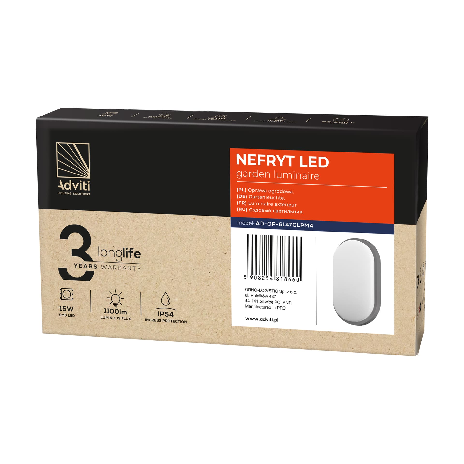 

NEFRYT LED 15W, oprawa ogrodowa, 1100lm, IP54, 4000K, szara