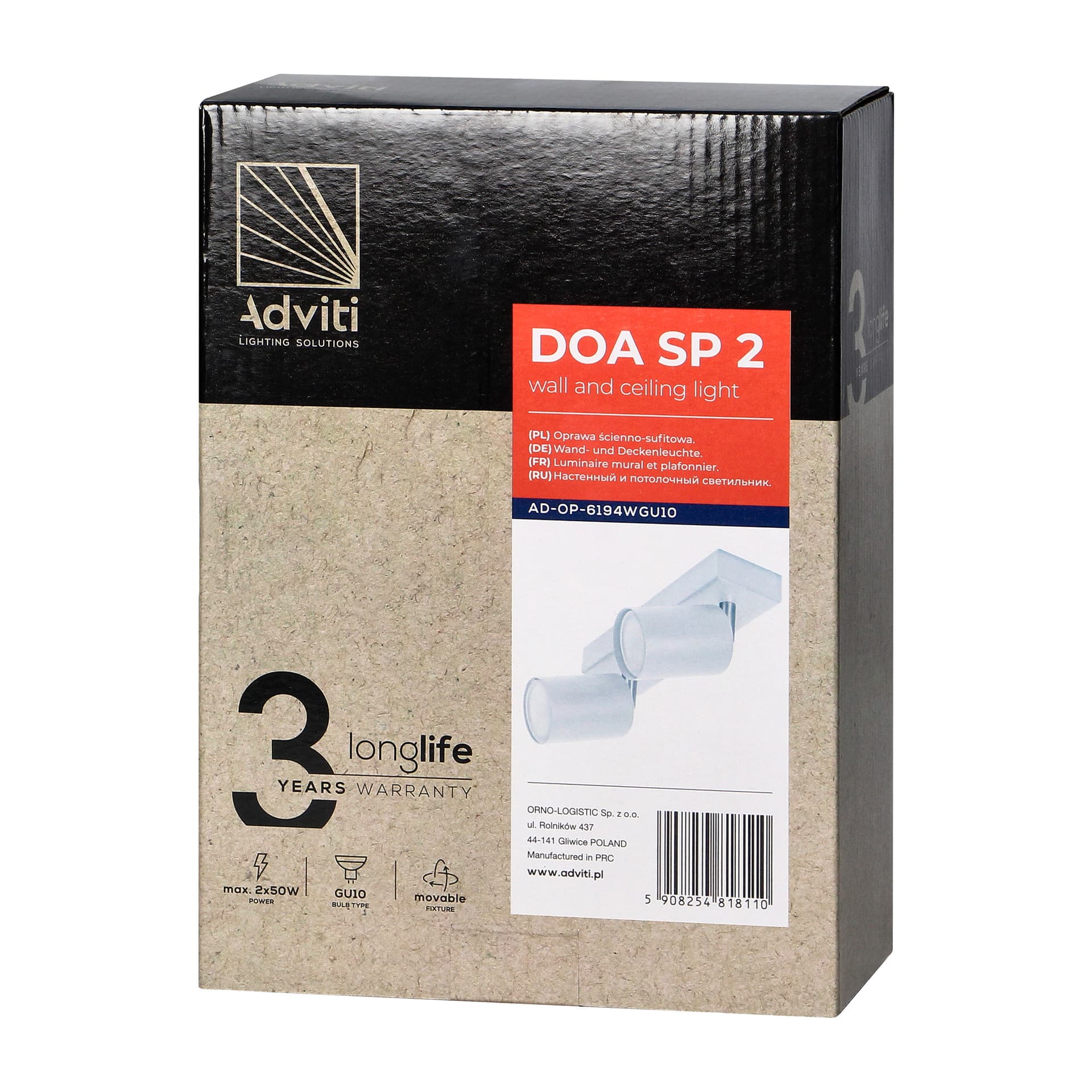 

DOA SP 2, oprawa ścienno-sufitowa, GU10 max. 2x50W, IP20, biała