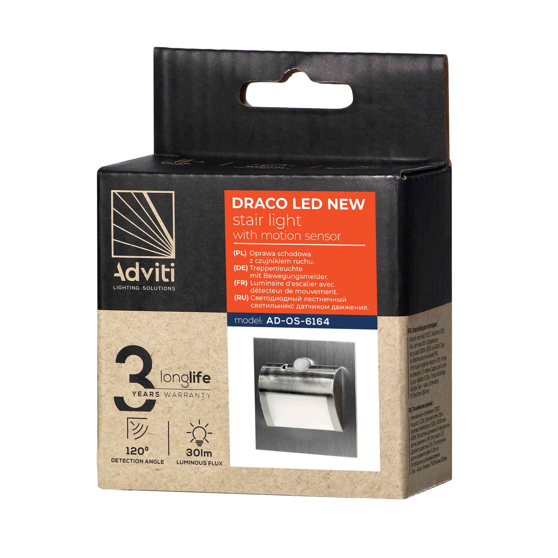 

DRACO LED NEW 1,5W, oprawa schodowa podtynkowa, 12VDC, 30lm, 4000K, satyna, czujnik ruchu i zmierzchu