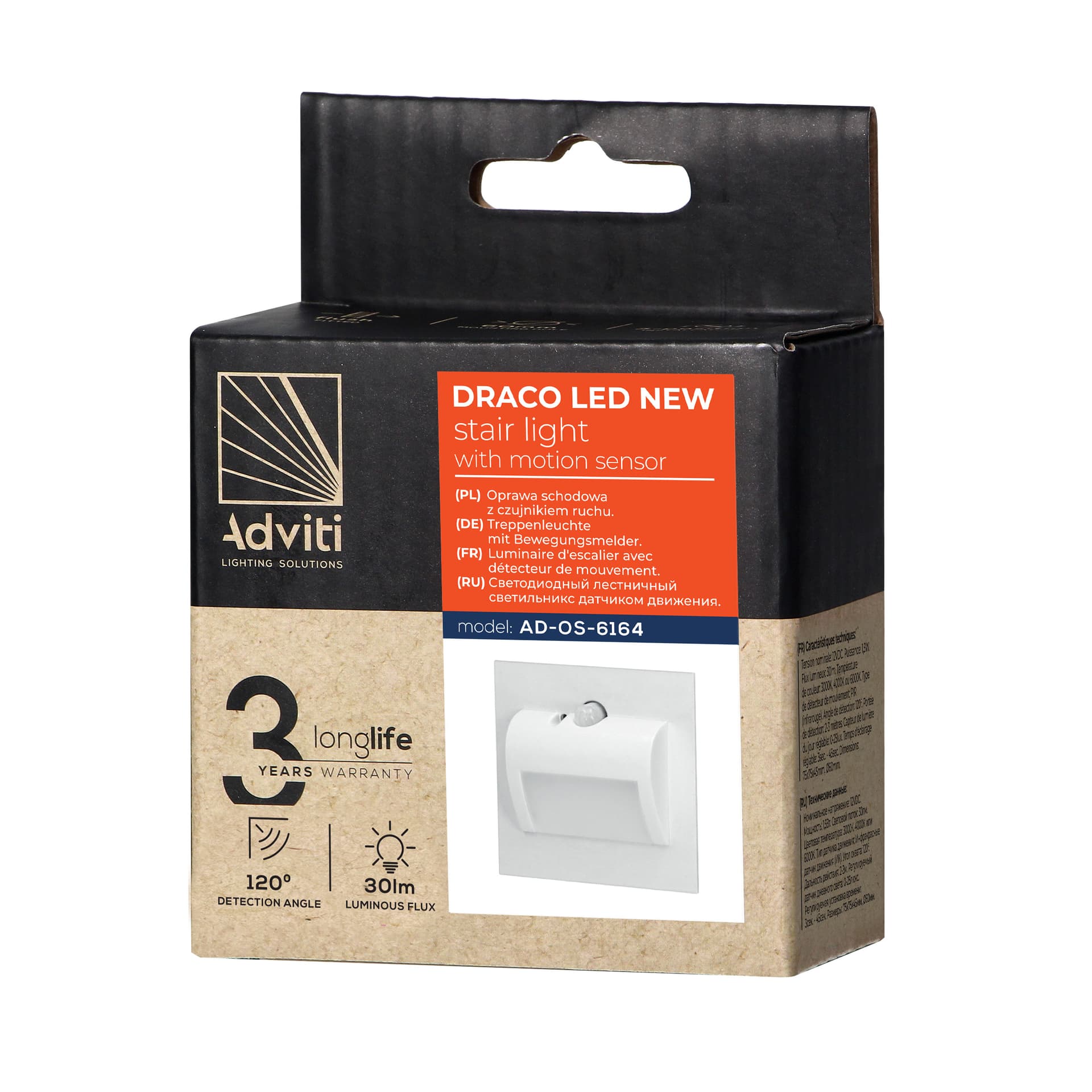 

DRACO LED NEW 1,5W, oprawa schodowa podtynkowa, 12VDC, 30lm, 6000K, biała, czujnik ruchu i zmierzchu