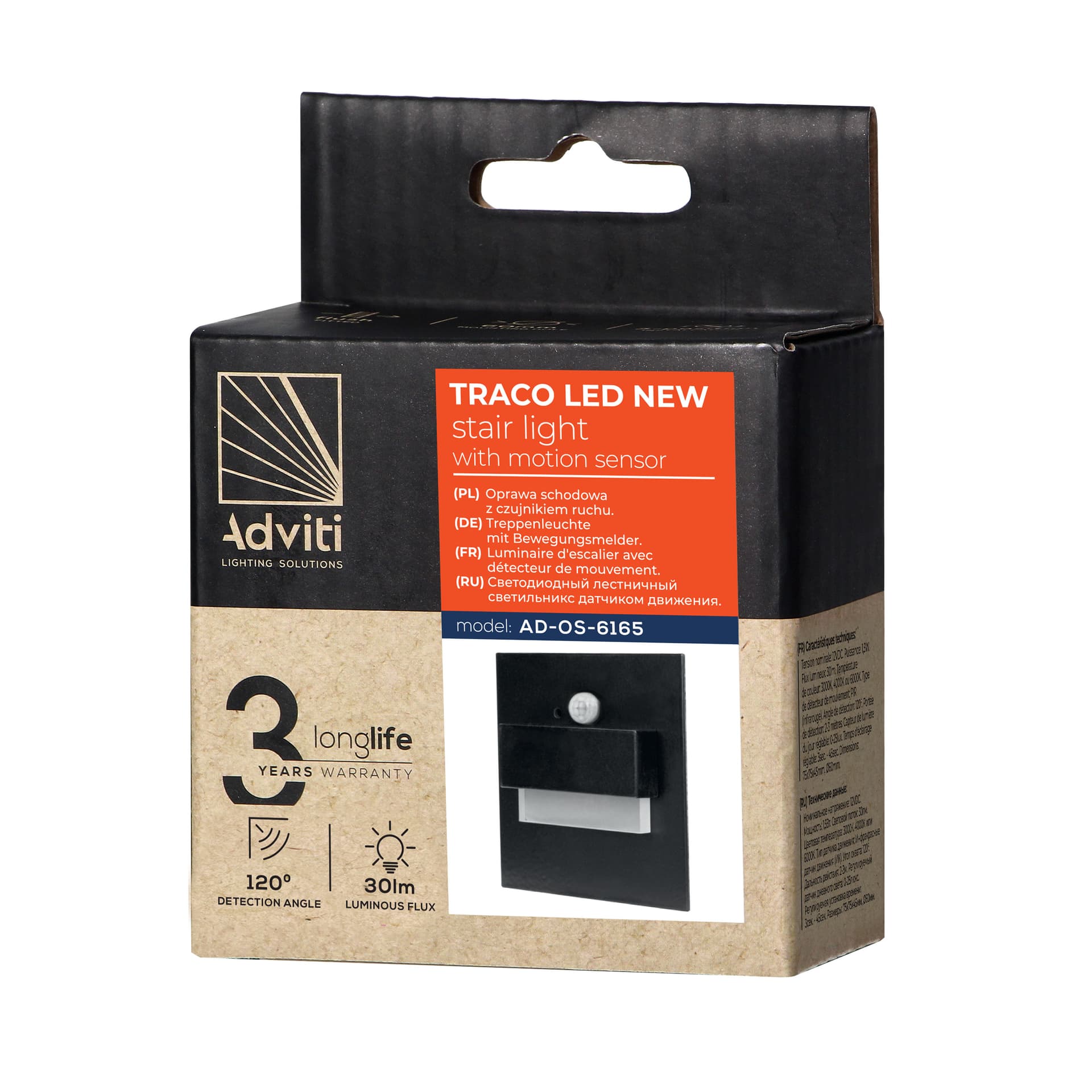 

TRACO LED 1,5W, oprawa schodowa podtynkowa, 12VDC, 30lm, 4000K, czarna, czujnik ruchu i zmierzchu