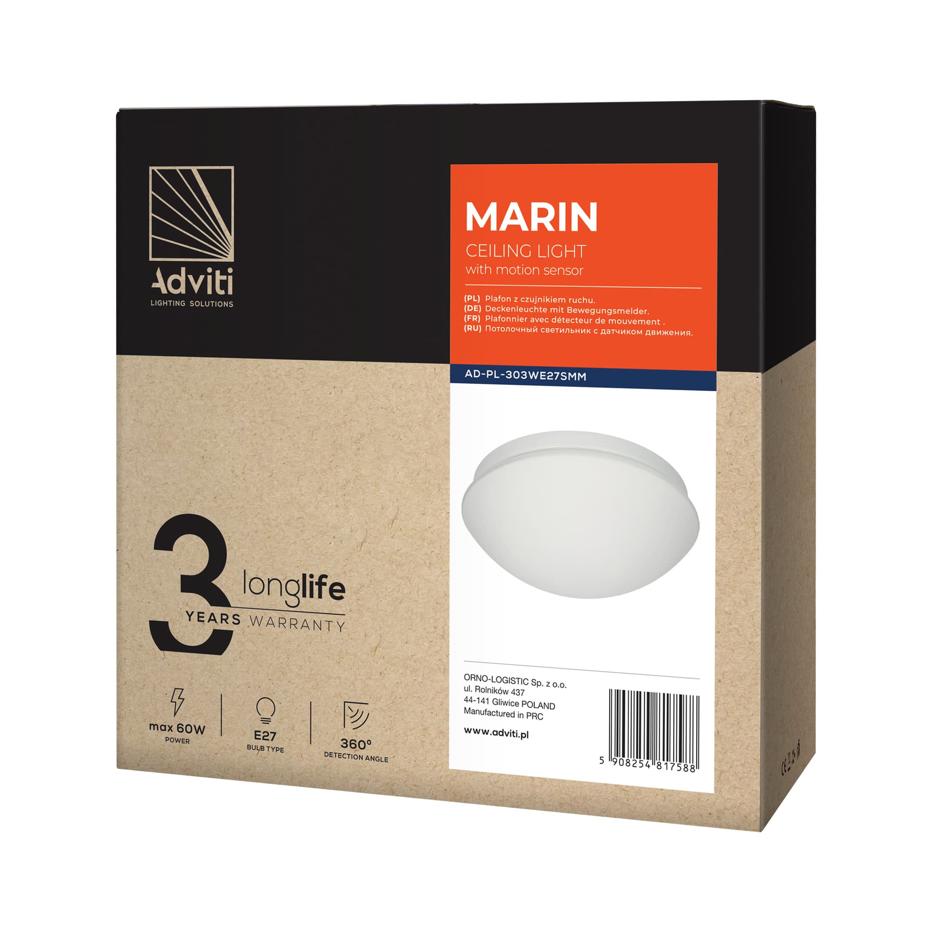

MARIN, plafon oświetleniowy z mikrofalowym czujnikiem ruchu, 60W, E27, IP20, szkło matowe