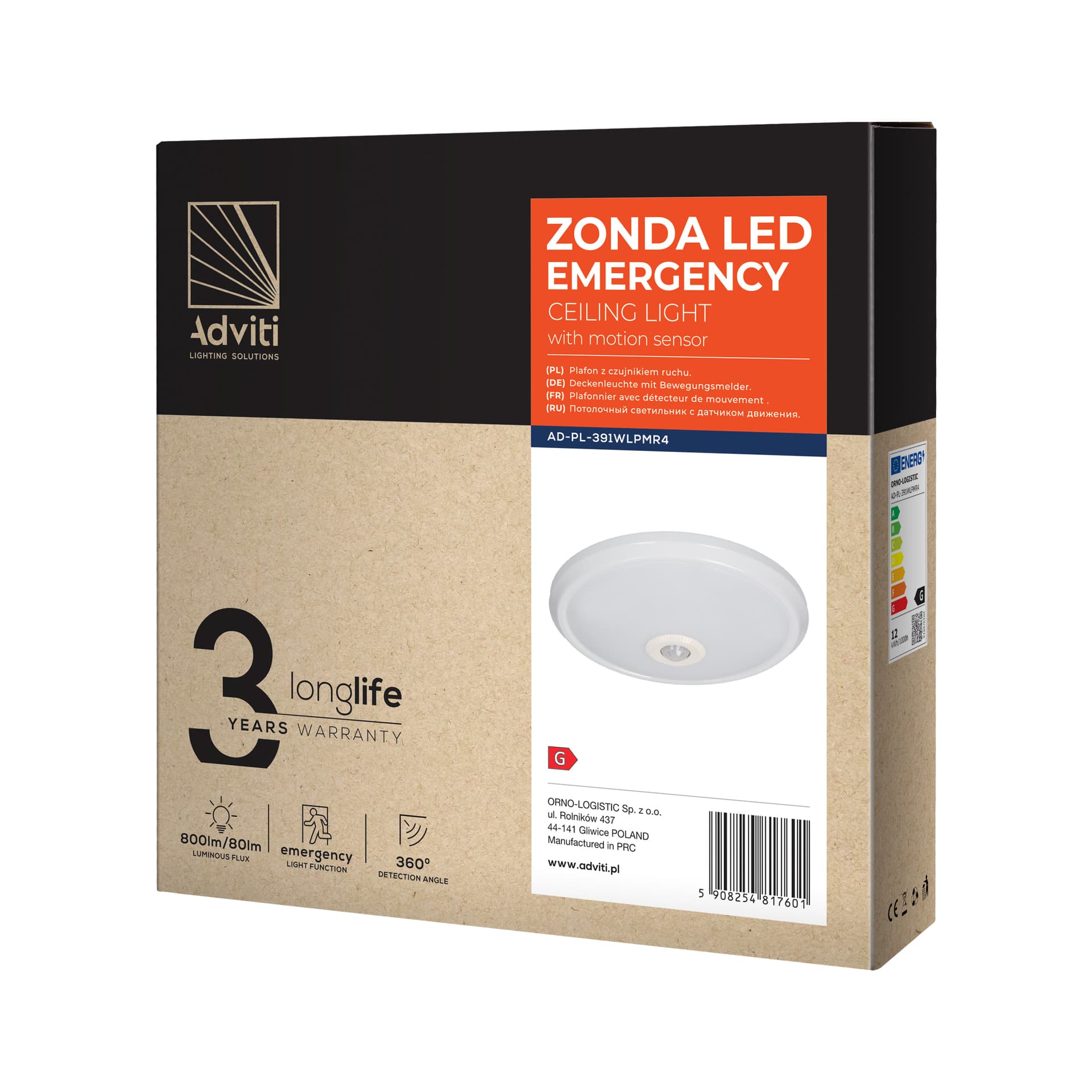 

ZONDA LED EMERGENCY 12W/1,2W, plafon z czujnikiem ruchu, 800lm/80lm, IP20, 4000K, poliwęglan mleczny, biały