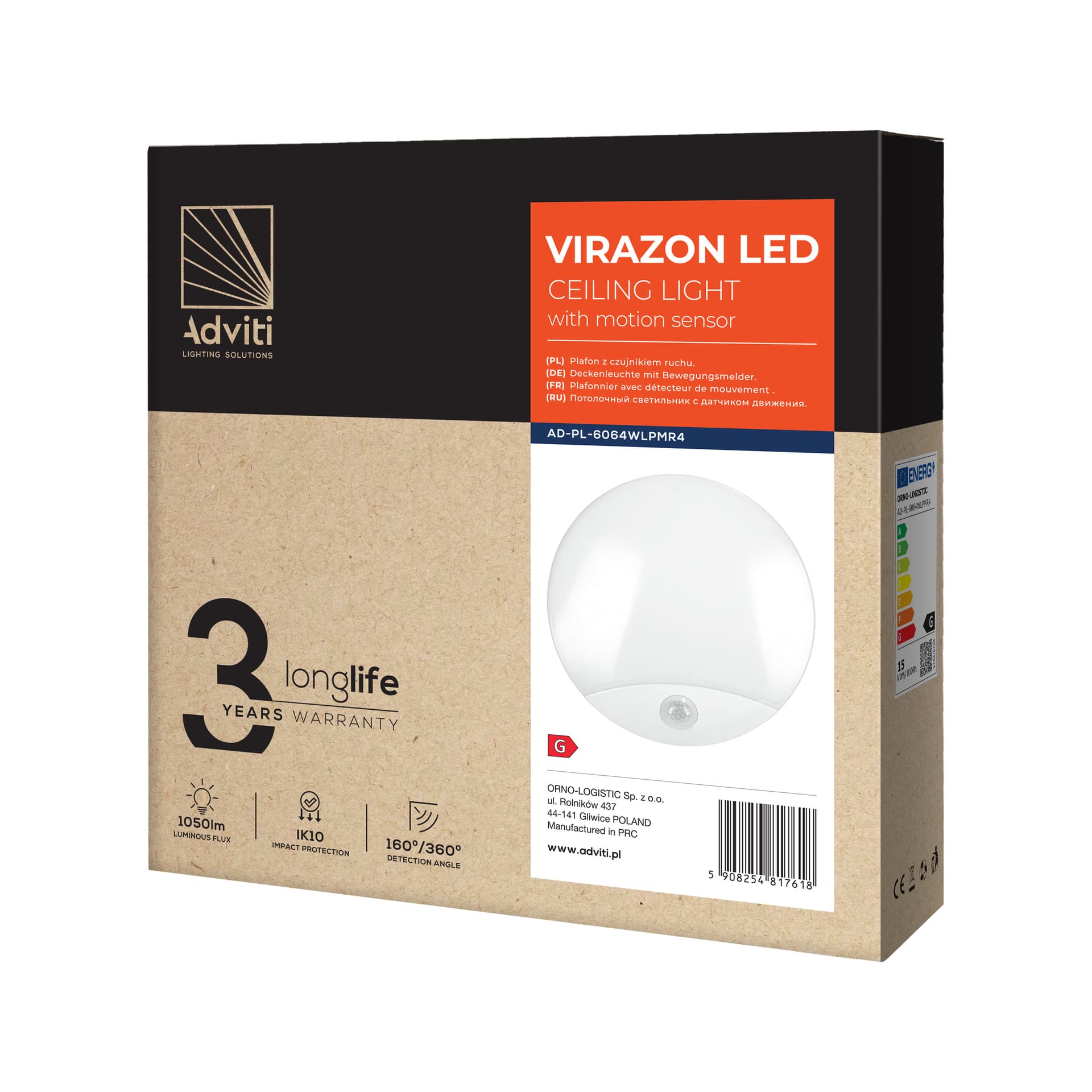 

VIRAZON LED 15W, plafon z czujnikiem ruchu, 1050lm, IP44, 4000K, poliwęglan mleczny, biały