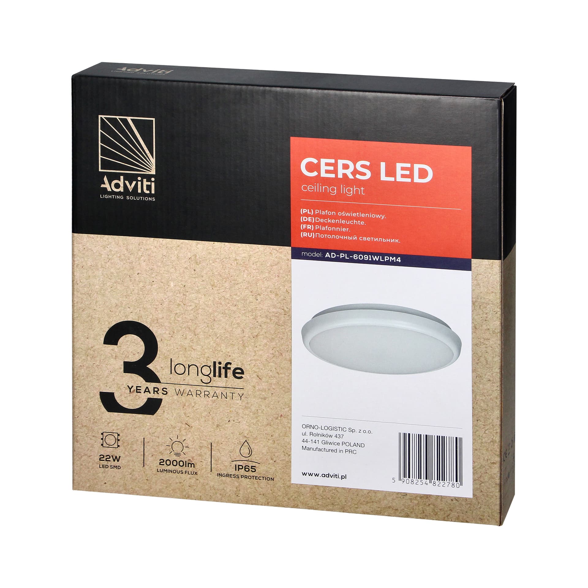 

CERS LED 22W, plafon oświetleniowy, 2000lm, IP65, 4000K, poliwęglan mleczny, biały