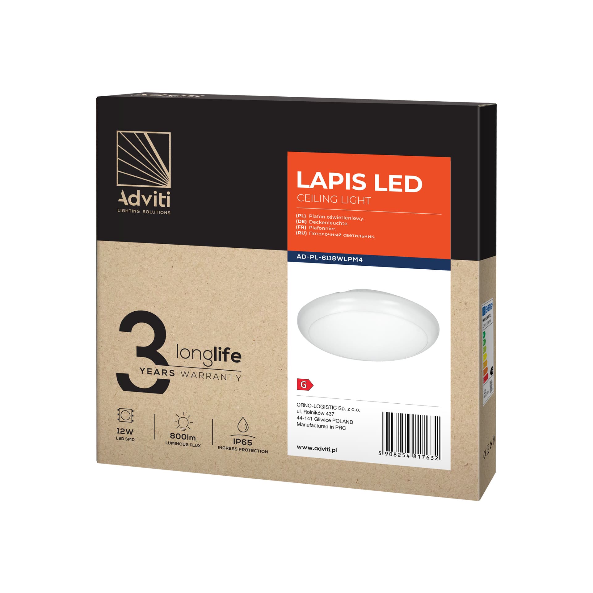 

LAPIS LED 12W, plafon oświetleniowy, 800lm, IP65, 4000K, IK10, poliwęglan mleczny, biały