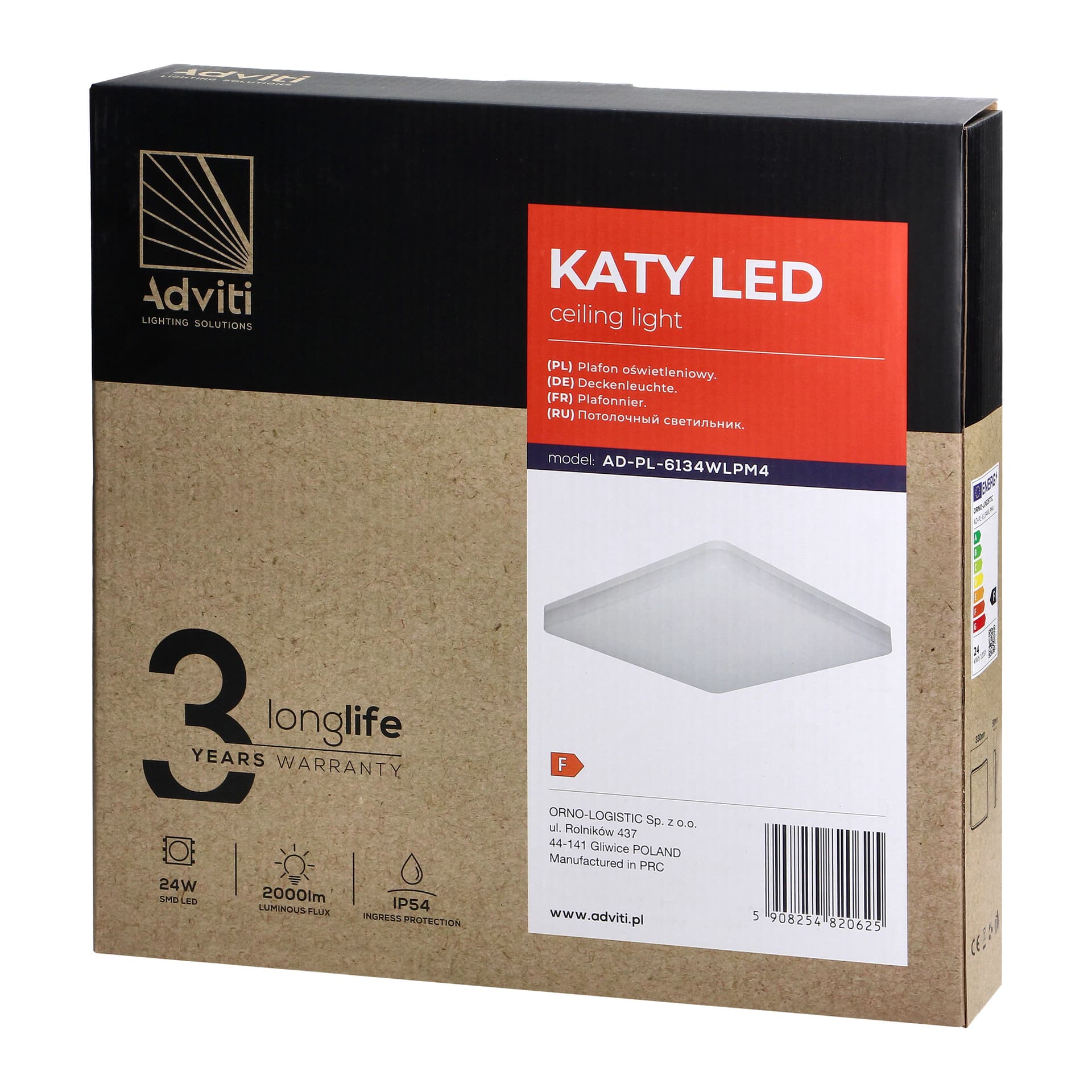 

KATY LED 24W plafoniera oświetleniowa, 2000lm, IP54, IK10, 4000K, PC
