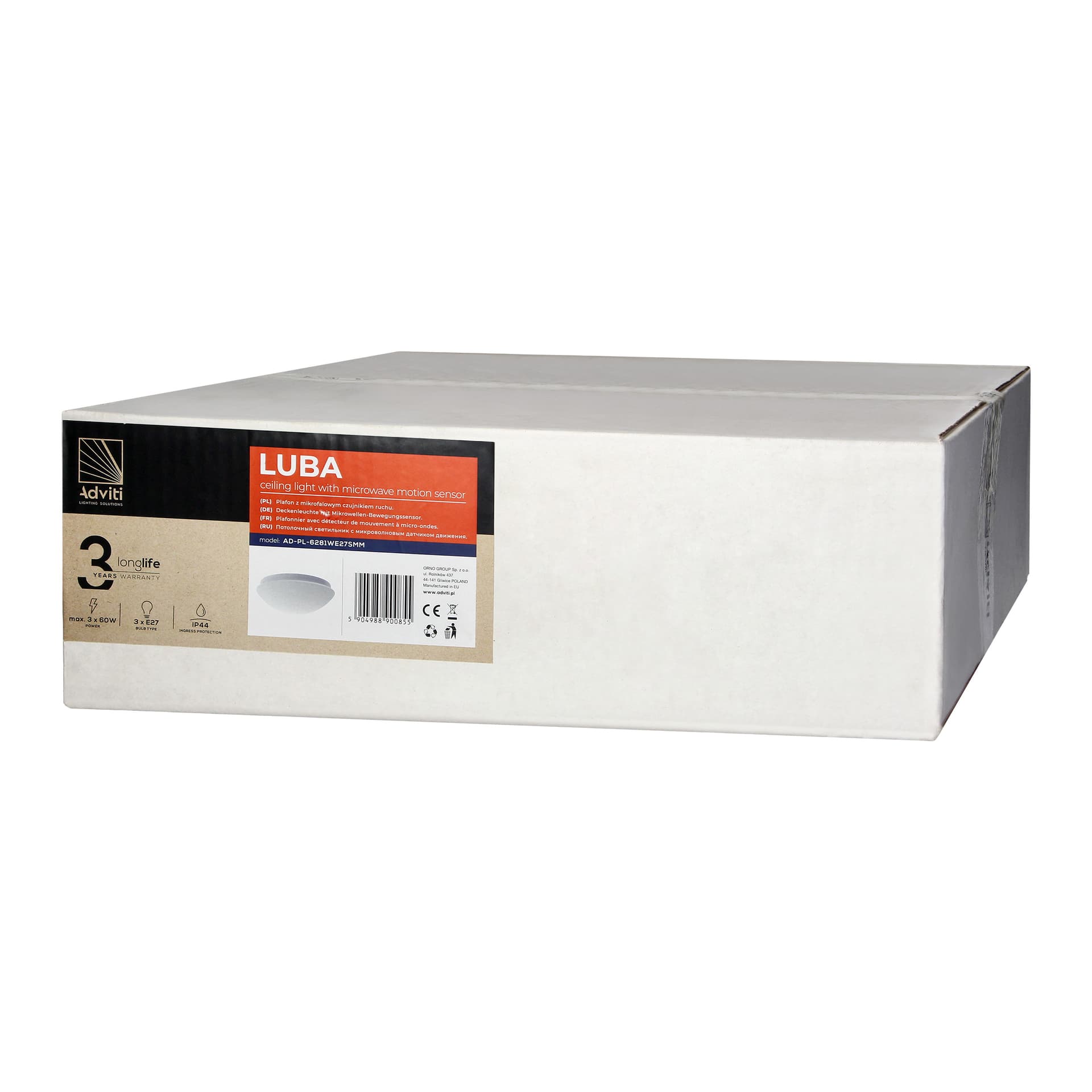 

LUBA oprawa 3xE27 z mikrofalowym czujnikiem ruchu, moc max. 3x60W, biała-stal, klosz matowy-szkło, IP44