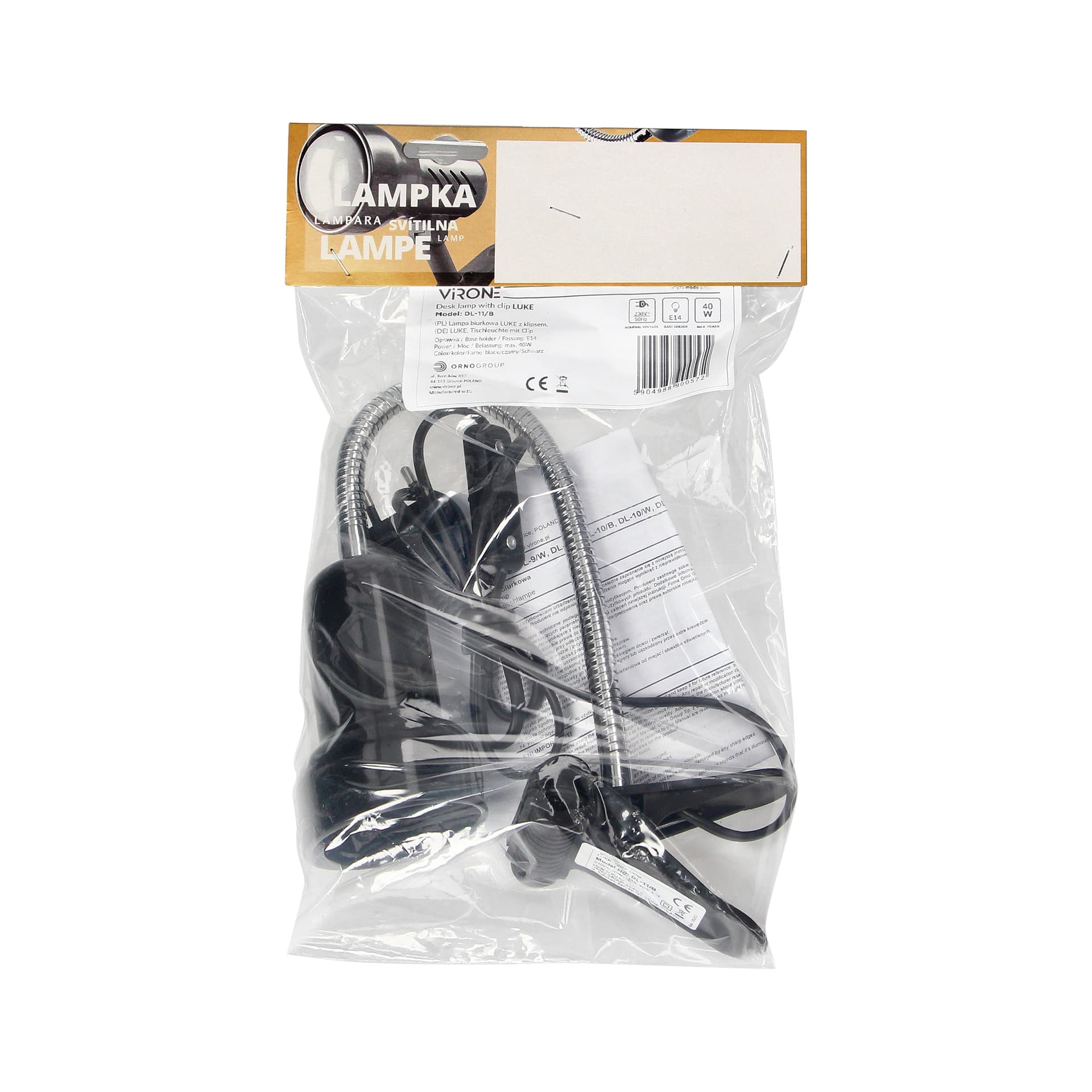 

LUKE, lampa biurkowa z klipsem, flex, 40W, E14, stal + tworzywo, czarna