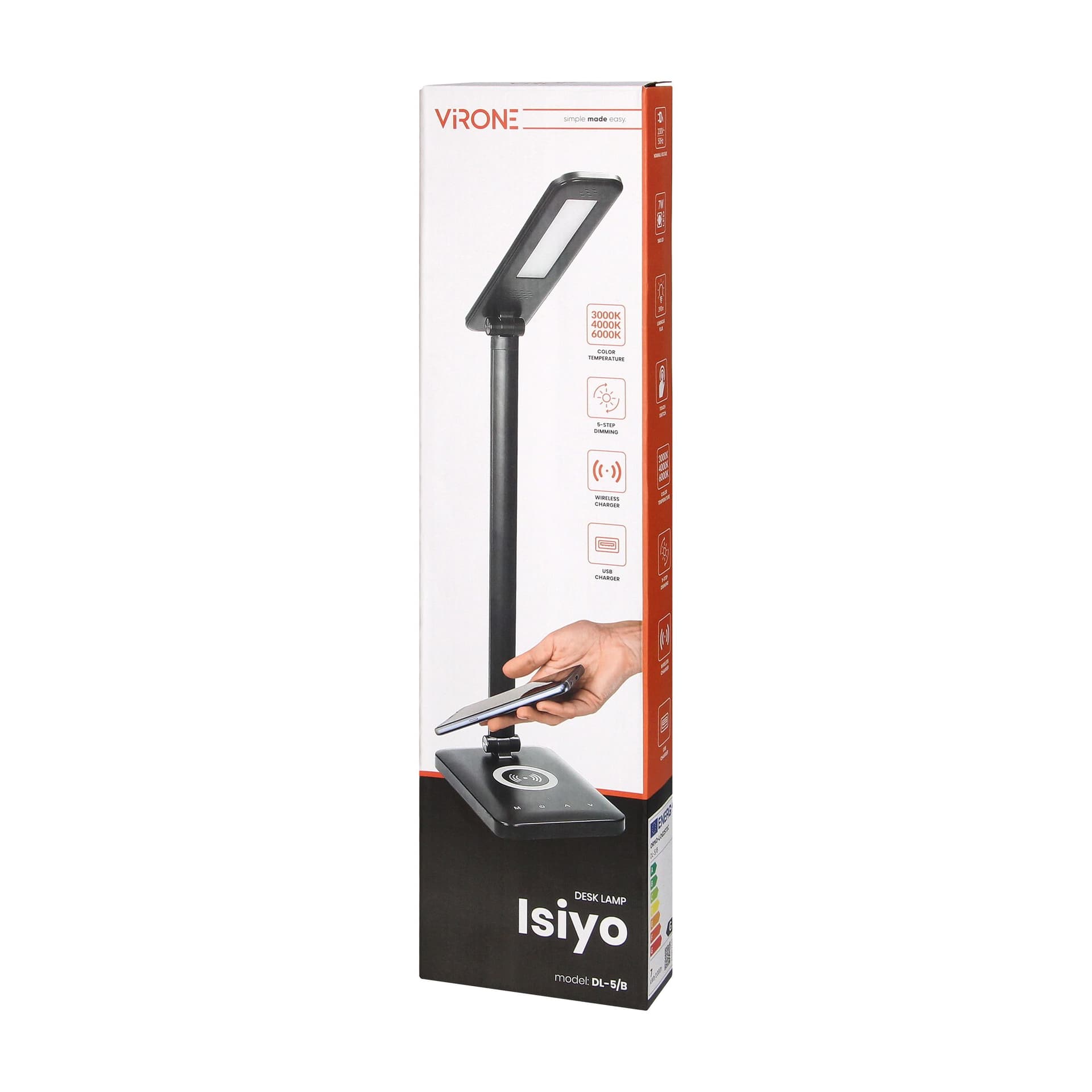 

ISIYO LED 7W Lampka biurkowa z ładowarką indukcyjną i USB, 390lm, 3000-4000-6000K, zmiana temperatury barwowej i funkcja ściemniania, czarna