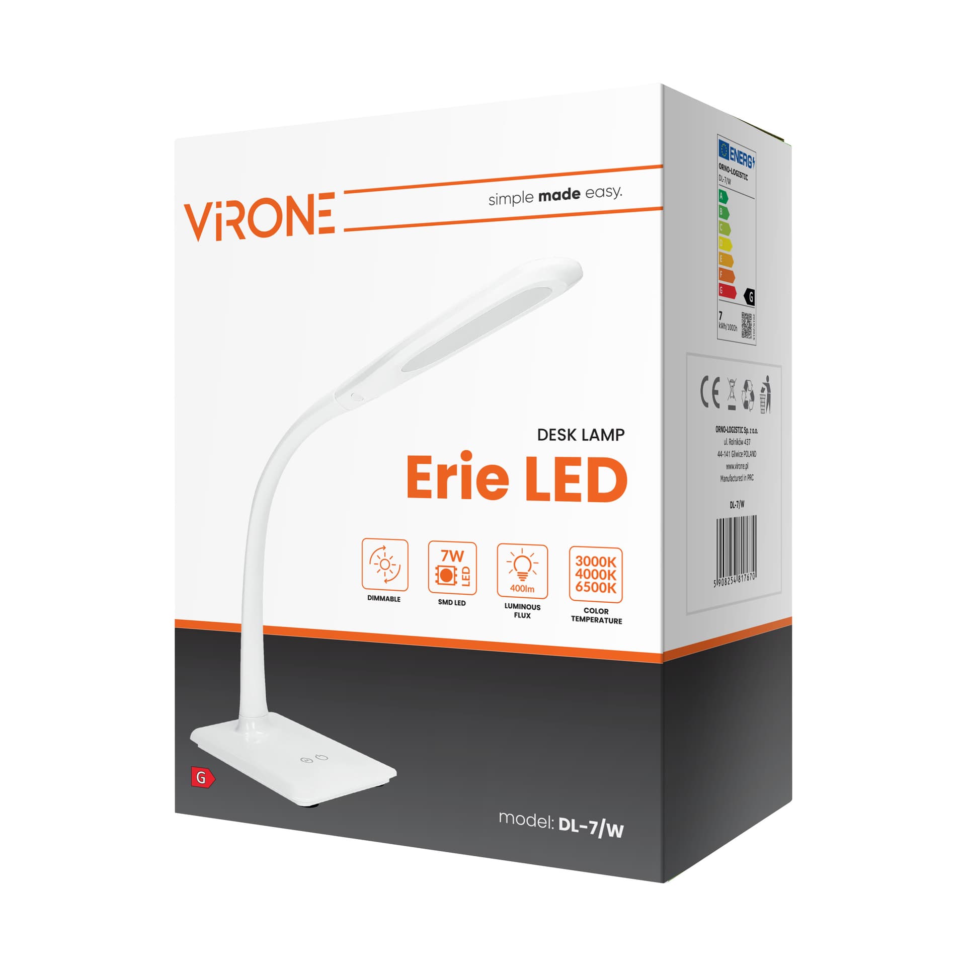 

ERIE LED DIM 7W, lampka biurkowa, 400lm, biała, funkcja ściemniania i zmiany temperatury barwowej 3000K-4000K-6000K