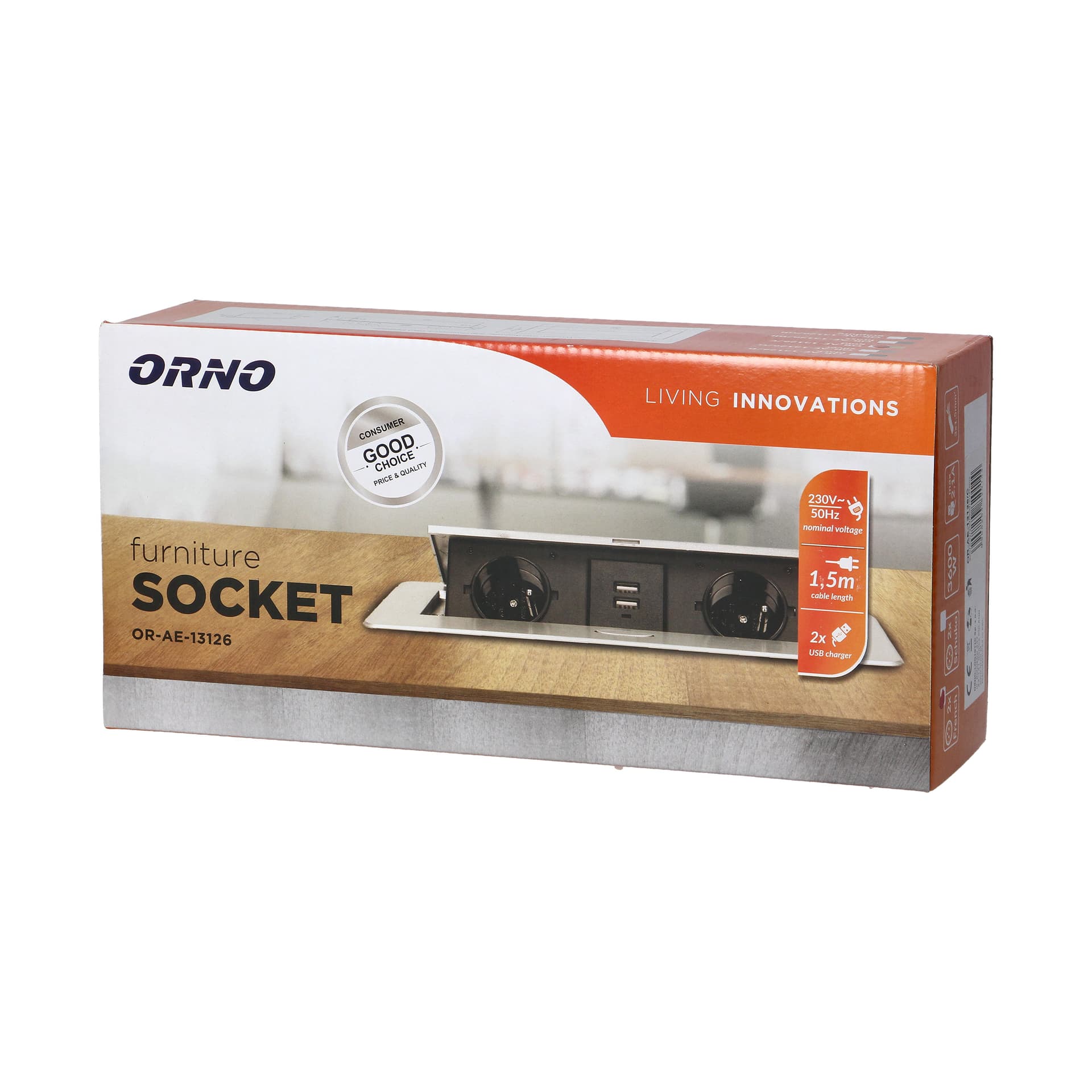 

Gniazda meblowe wpuszczane w blat z płaskim frezowanym rantem, ładowarką USB i przewodem 1,5m, 2x2P+Z, 2xUSB, złote