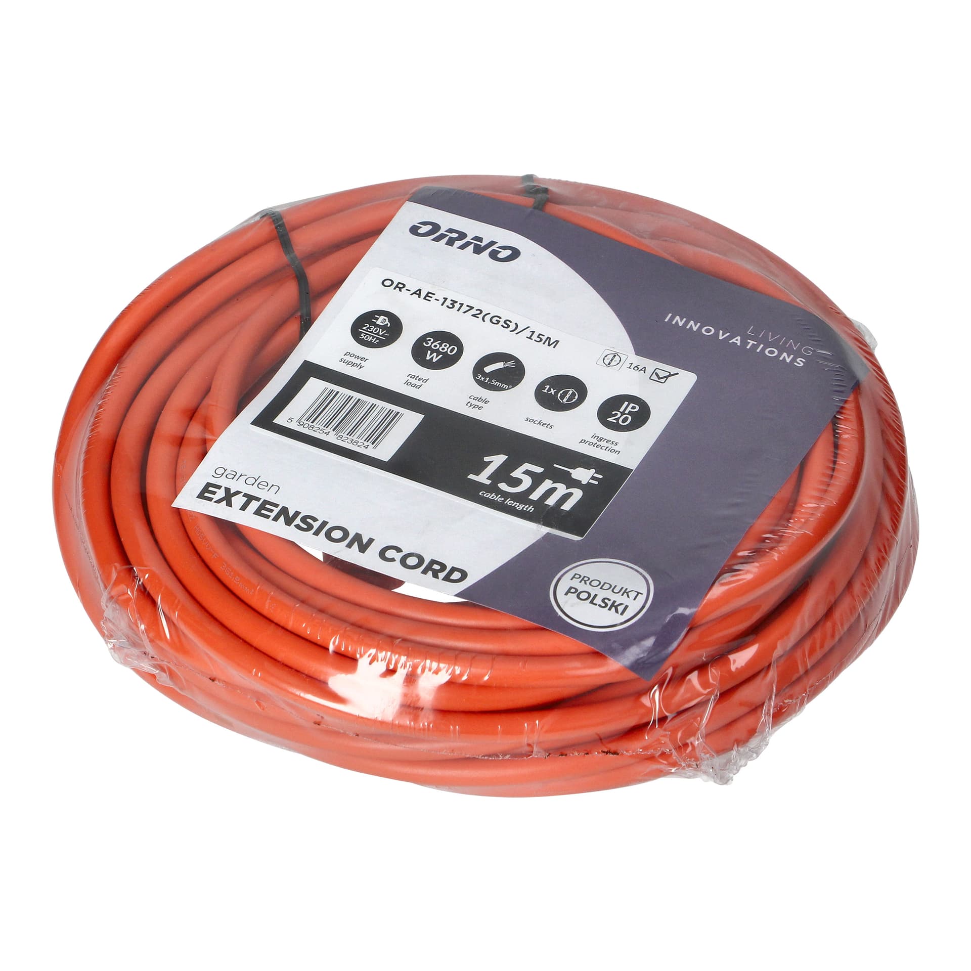 

Przedłużacz ogrodowy pomarańczowy zalewany, 1x2P+Z (Schuko) 15m, H05VV-F 3x1,5mm2, 230VAC/16A , PRODUKT POLSKI, H05vv-f 3x1.5mm2/230vac/16a/produkt polsk